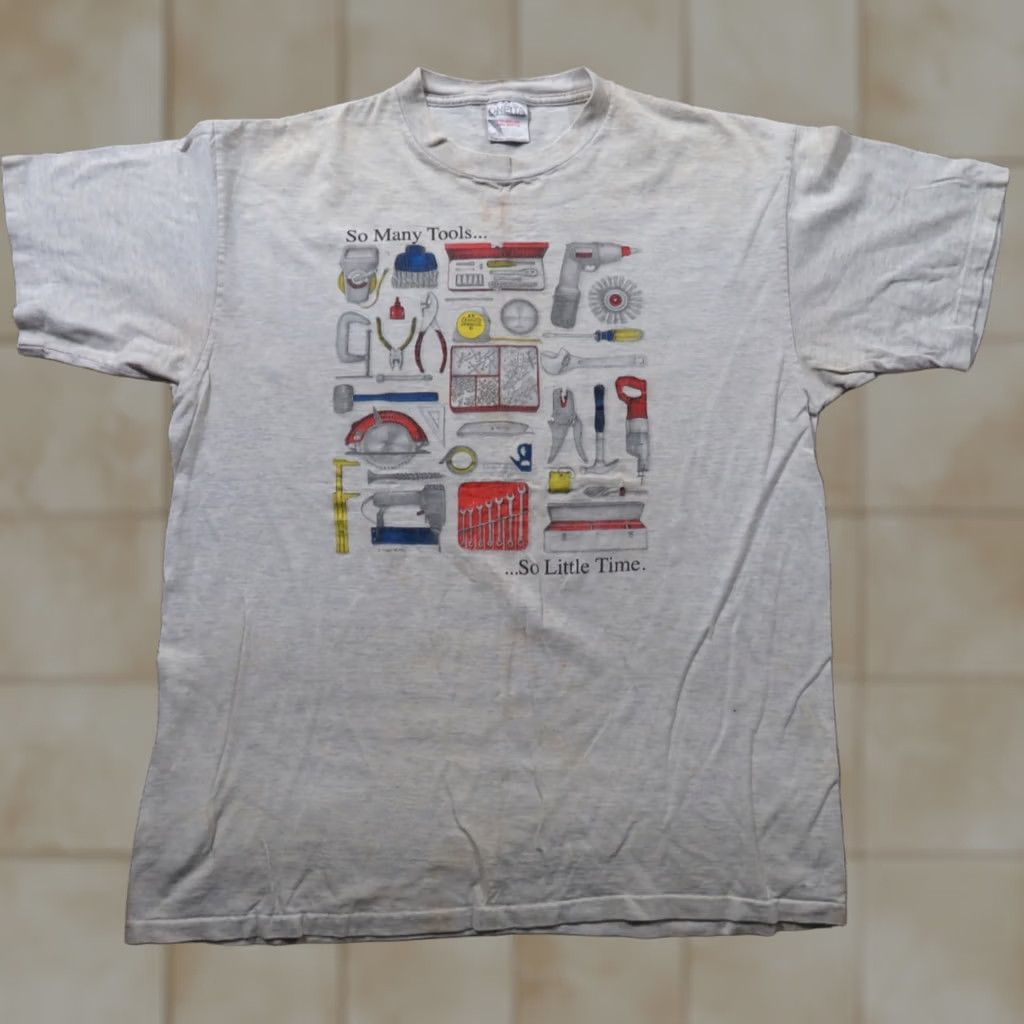 Vintage Oneita T-Shirt So many Tools So little time Funny USA XL Gray Cotton Crew Neck Short Sleeve Personalize Mens Women Vintage No Size US XL / EU 56 / 4 - 1 Thumbnail