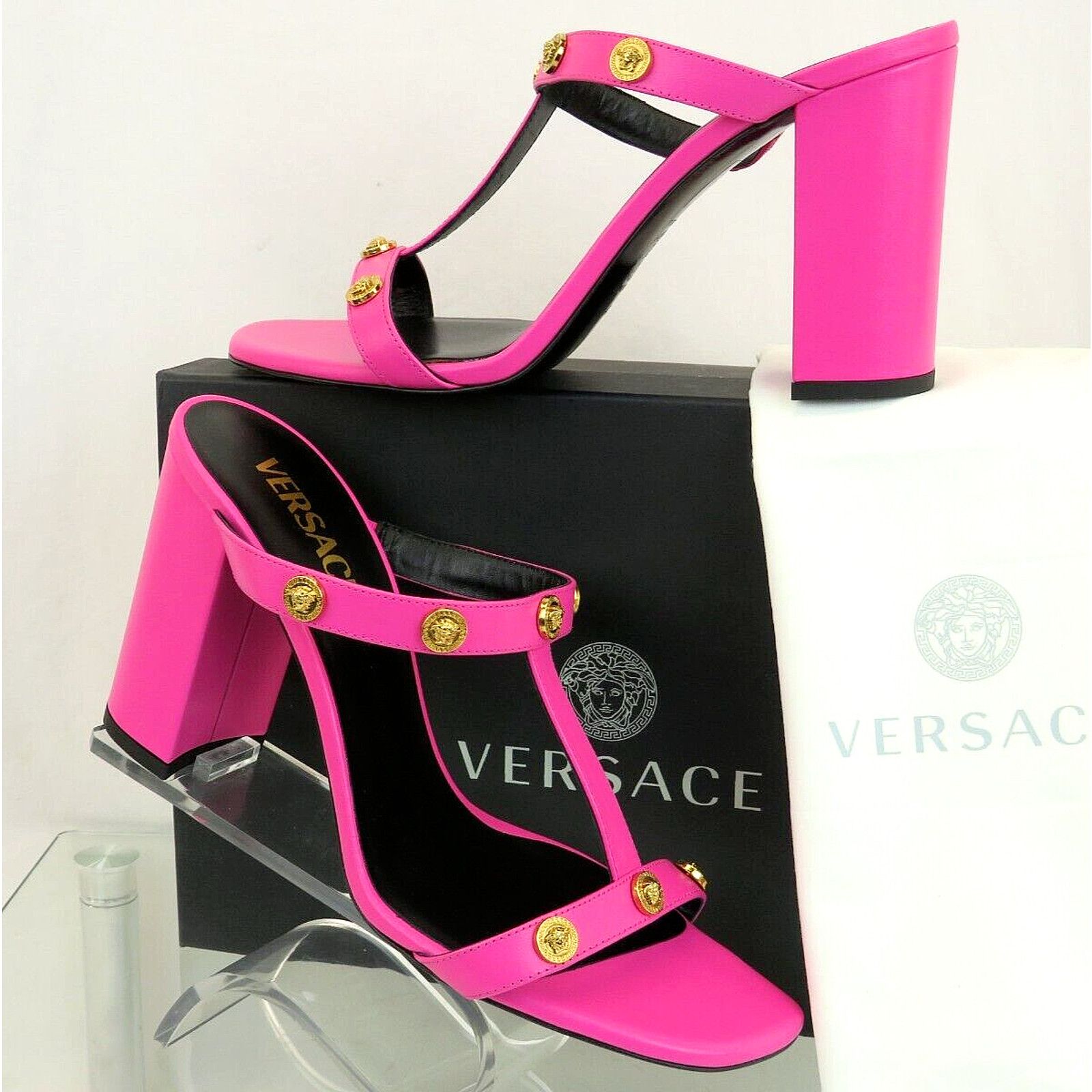 image of Versace Pink Leather Gold Medusa Logo Studs Sandals Mule Shoes Pumps 40, Women's (Size 10)