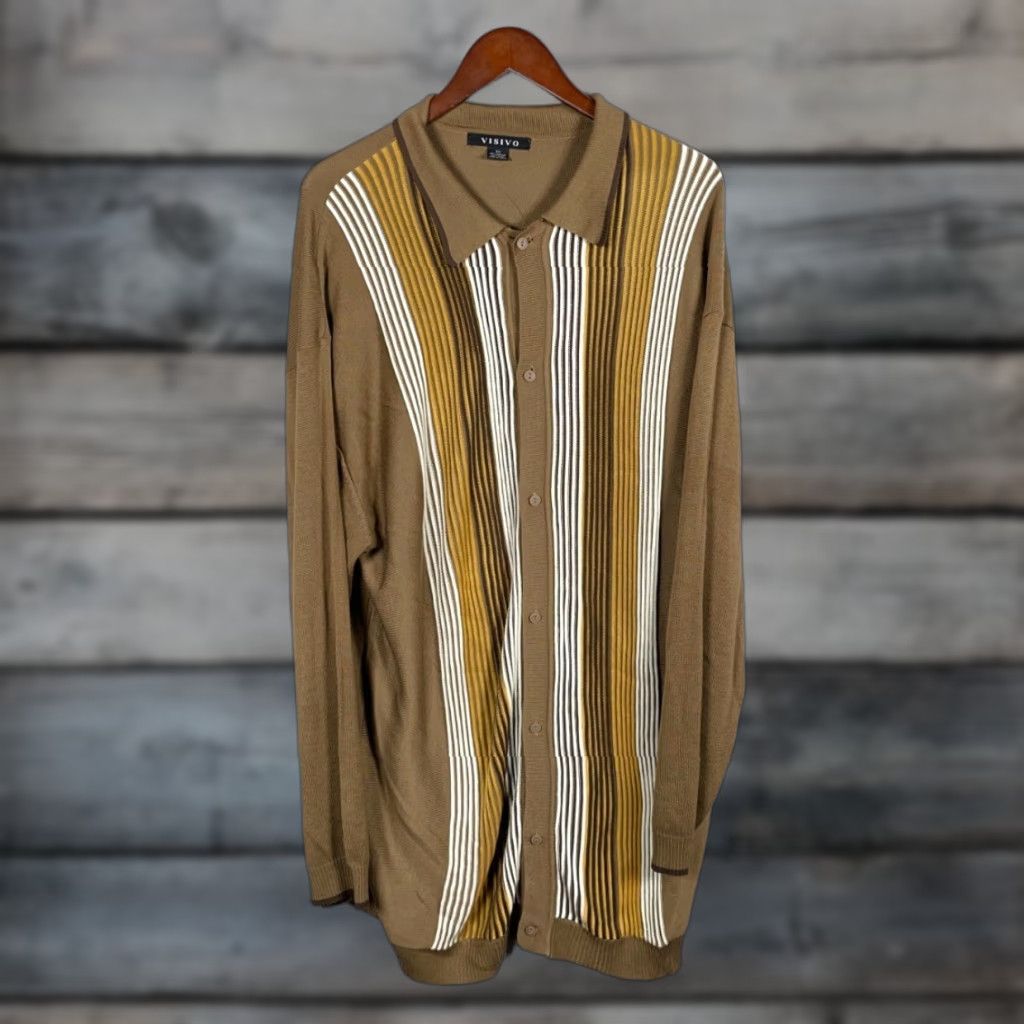 Etro Retro Knit Shirt Adult Big 3X Brown Yellow Stripe Button Up Tony Soprano Kramer Size US XXL / EU 58 / 5 - 1 Thumbnail