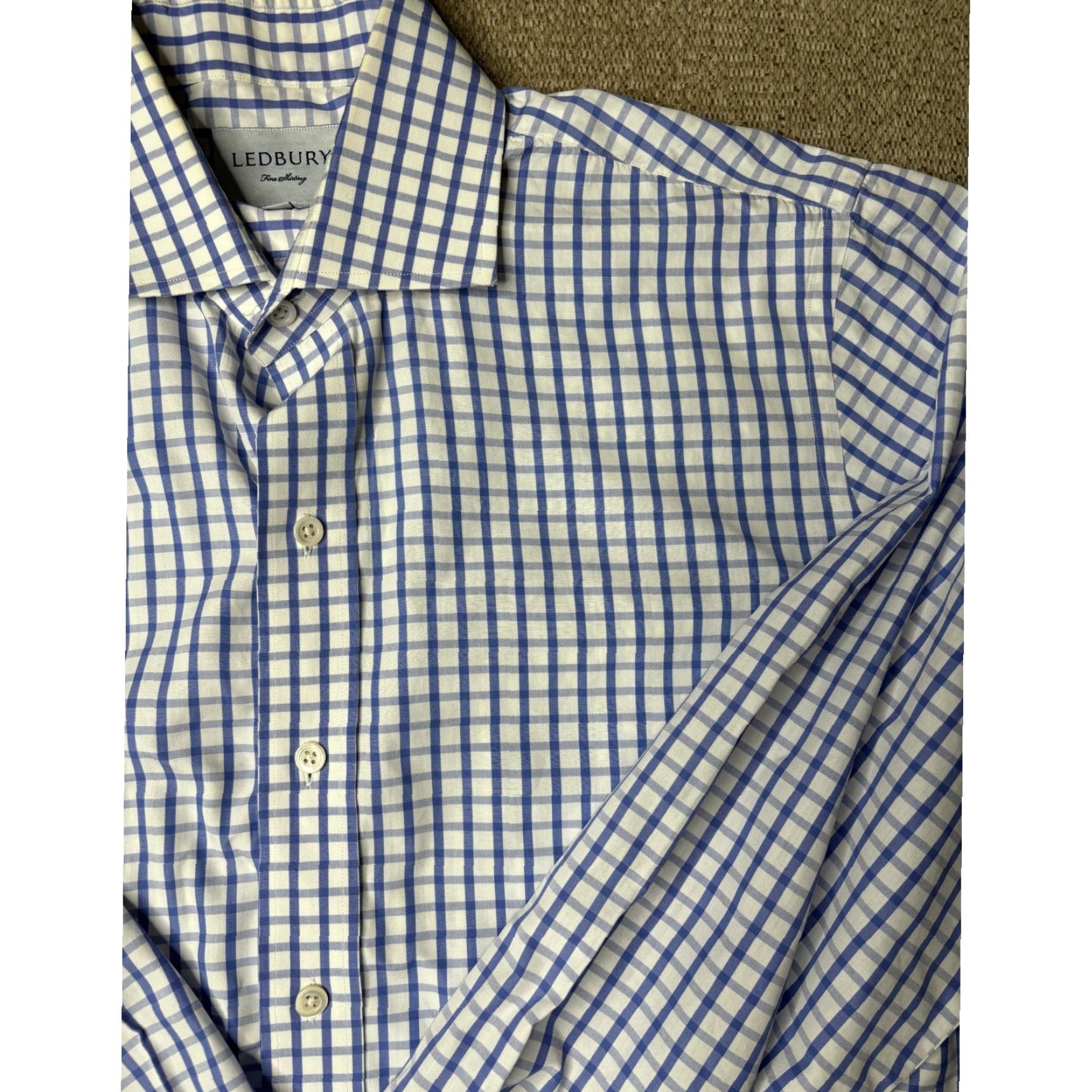 Ledbury Dress Shirt Men 16.5 Slim Blue Checkered Long Sleeve Button-Down  Collar Easy Care Shirt