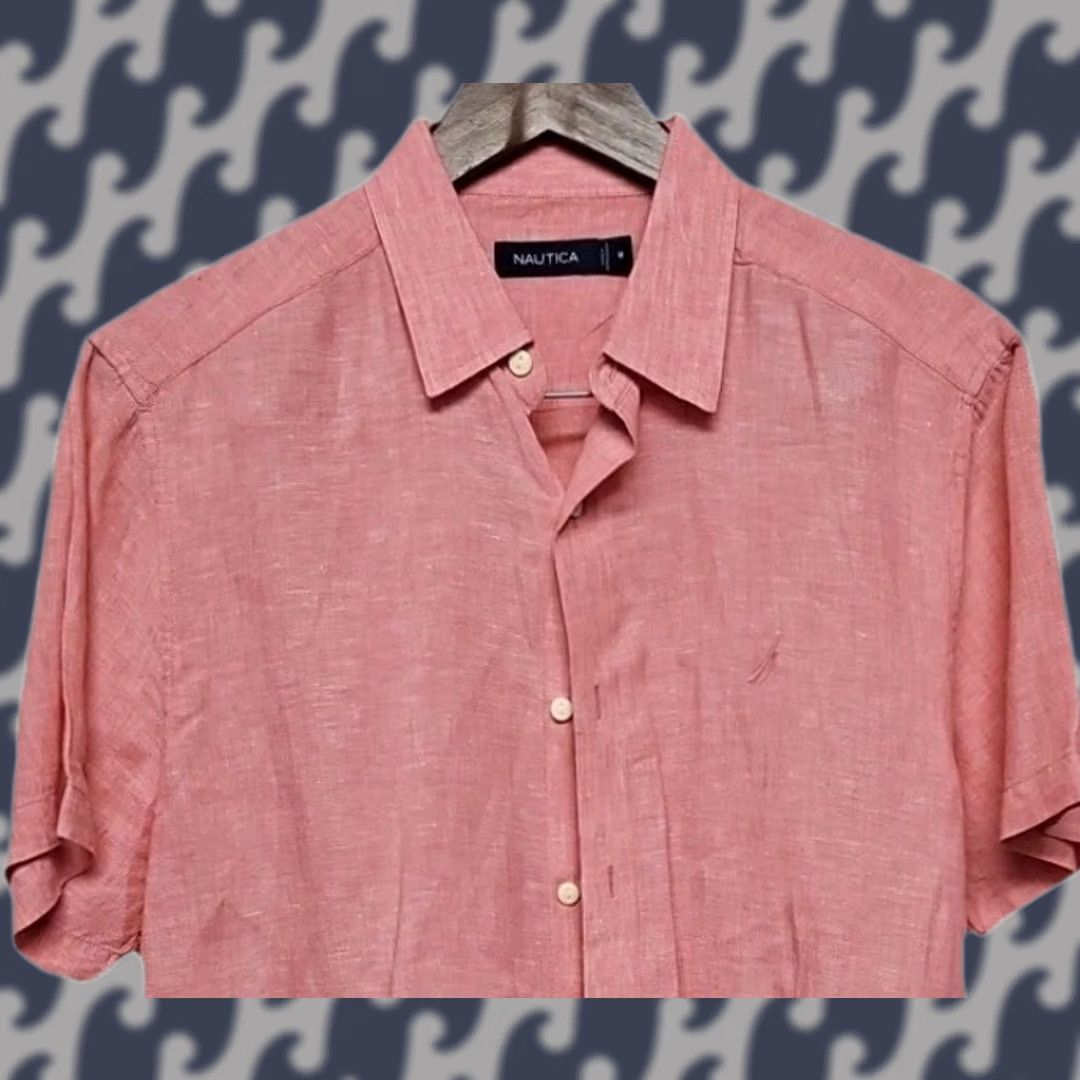 Nautica Nautica Shirt Men’s Linen Pink Short Sleeve Button-Up Casual Summer Solid Collared Beach Preppy Vintage No (adjusted within rules) Size US M / EU 48-50 / 2 - 1 Thumbnail