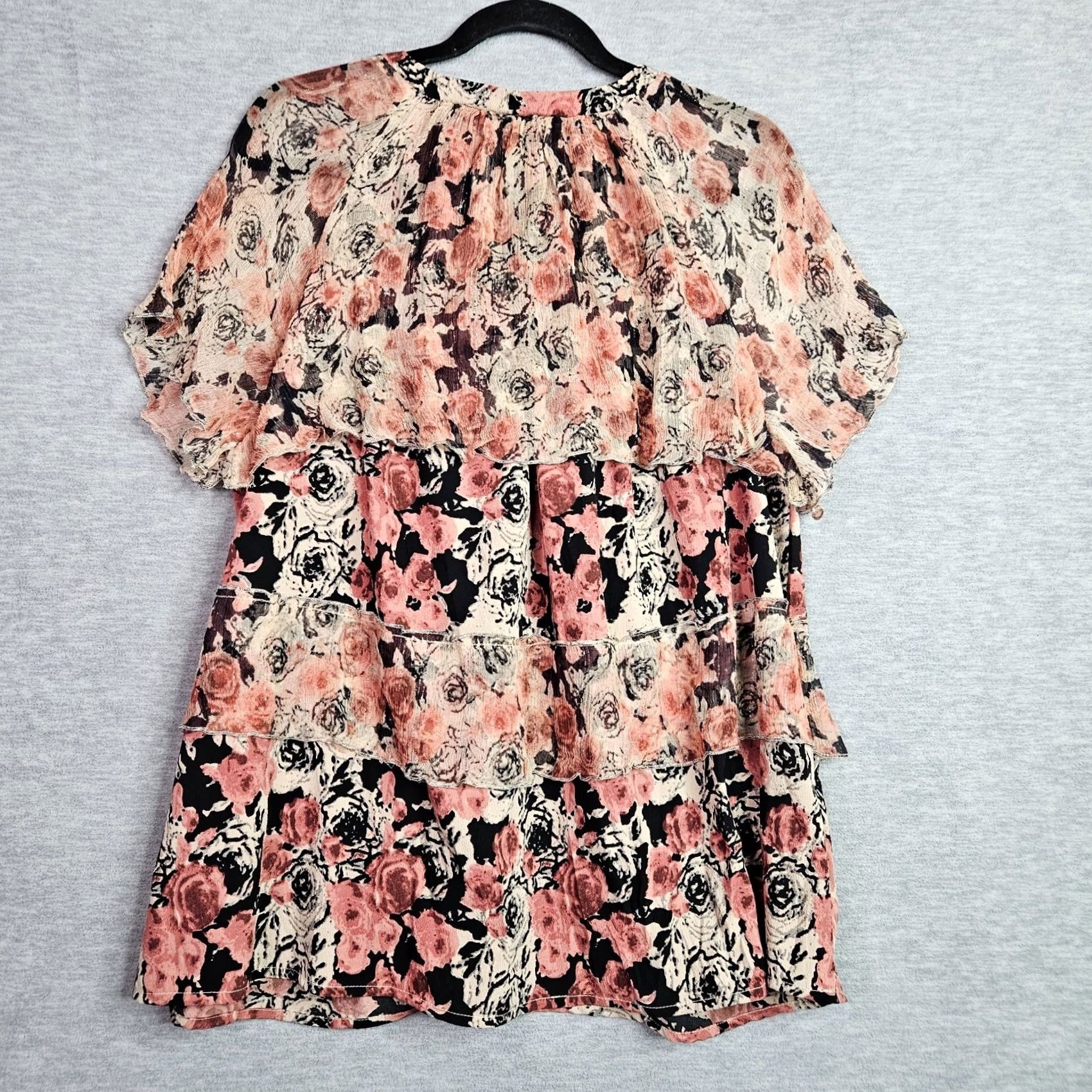 Lucky Brand Lucky Brand Women's Ruffled Rose Printed Lace Up Tiered Blouse 1X Multicolor Floral Short Sleeve Crew Neck Shirt Womens Size XL / US 12-14 / IT 48-50 - 2 Thumbnail