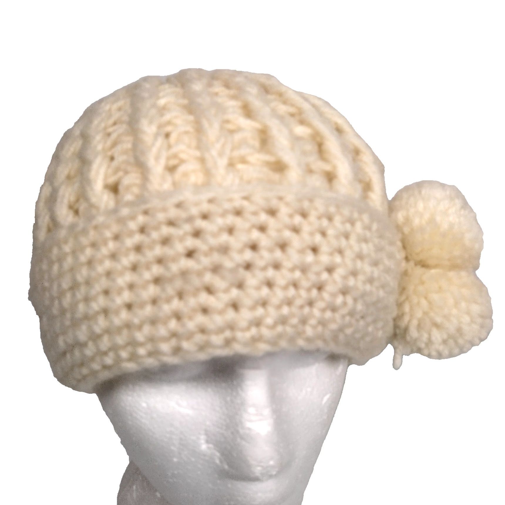 Vintage VINTAGE Beanie Knit Hat Women One Size Ivory Pom Pom Acrylic Japan #2403 Winter Hats - Womens Autumn Casual Size ONE SIZE - 3 Thumbnail