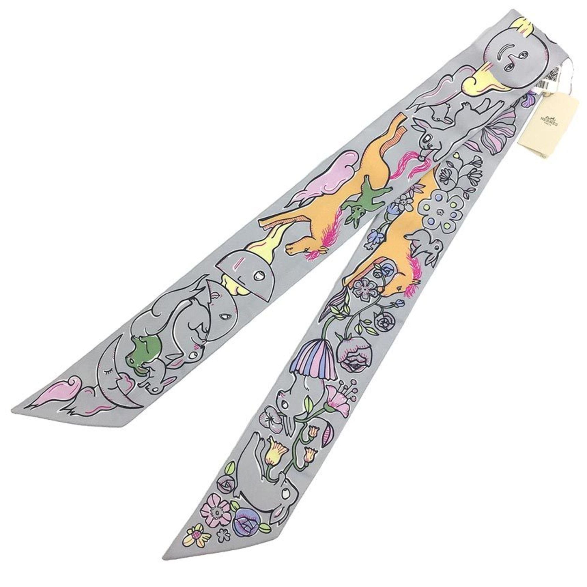 image of Hermes Twilly Scarf Muffler Thousand And One Rabbit Mille Et Un Lapins 2023 H064007S 06 Gris Perle 