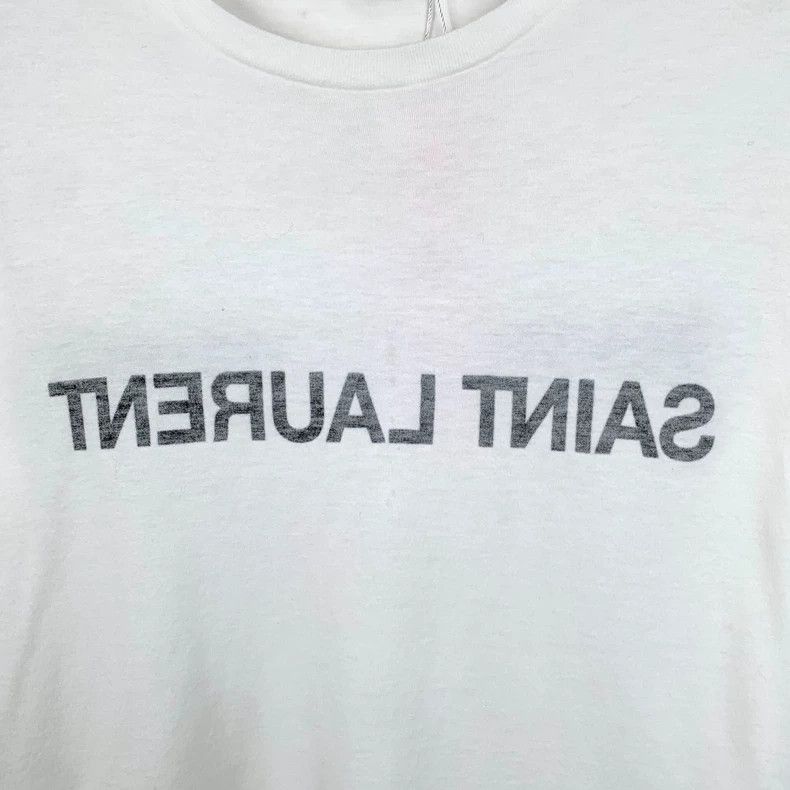Saint Laurent Paris Saint Laurent White monogrammed cotton crewneck messaging T Size US M / EU 48-50 / 2 - 4 Thumbnail