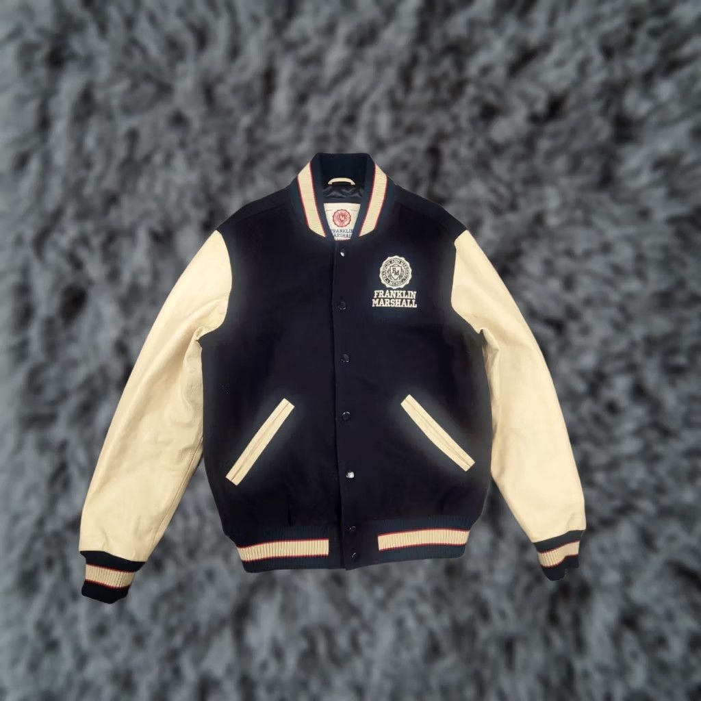 Franklin & Marshall VINTAGE Franklin & Marshall Varsity Logo Navy Wool Leather Bomber Jacket Size US L / EU 52-54 / 3 - 1 Thumbnail