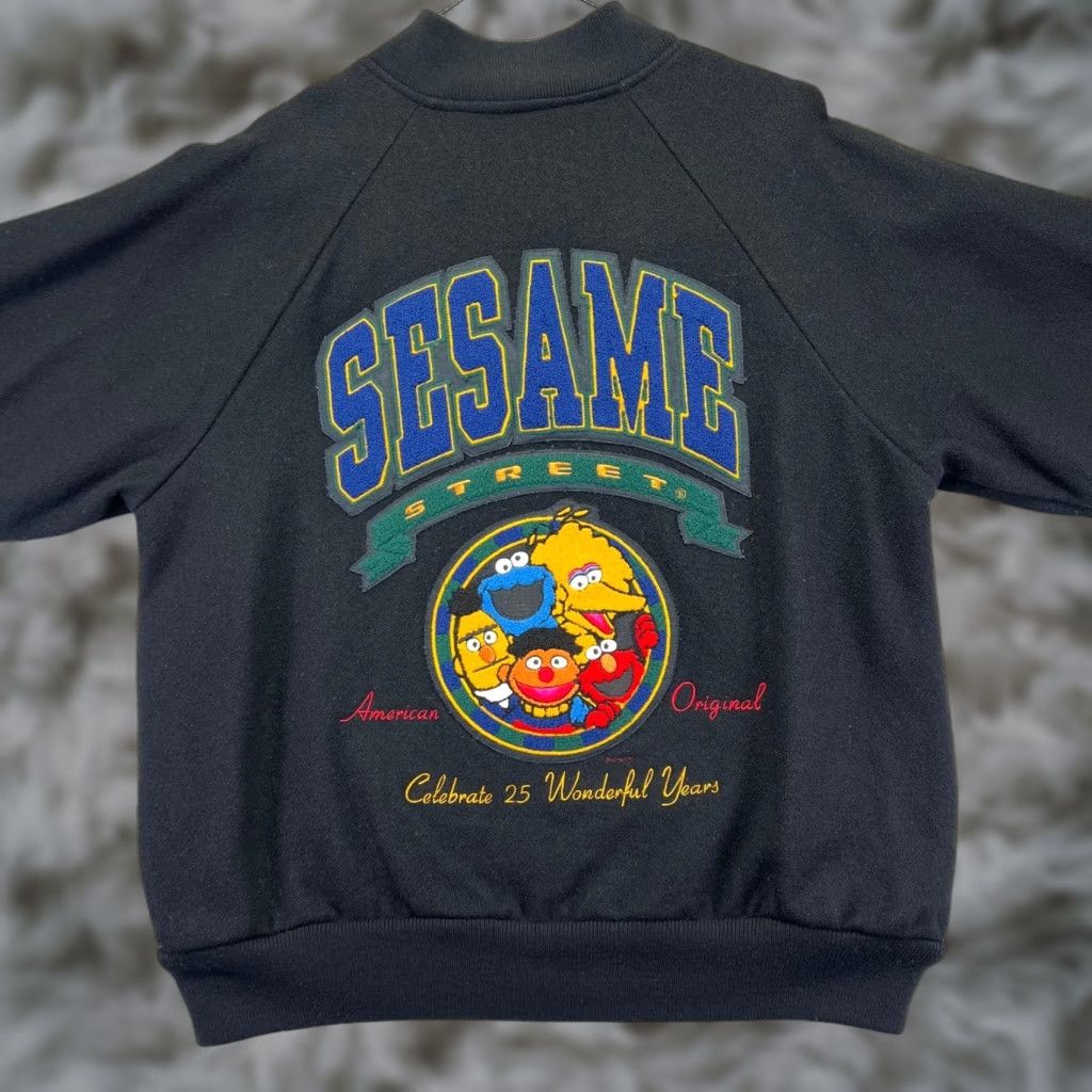 VINTAGE Sesame Street Wool Varsity Jacket Large Black 90s Sesame Street Rugged Wear Letterman USA Boys Mens
