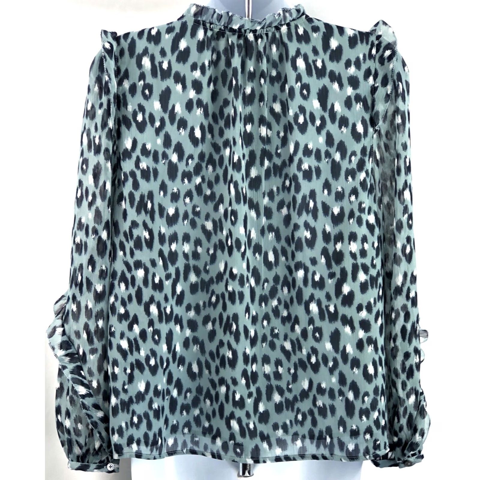 Ann Taylor VINTAGE AnnTaylor loft Blouse Shirt PM Blue Leopard Ruffle Balloon Sleeve 90s Glam Womens Size M / US 6-8 / IT 42-44 - 3 Thumbnail