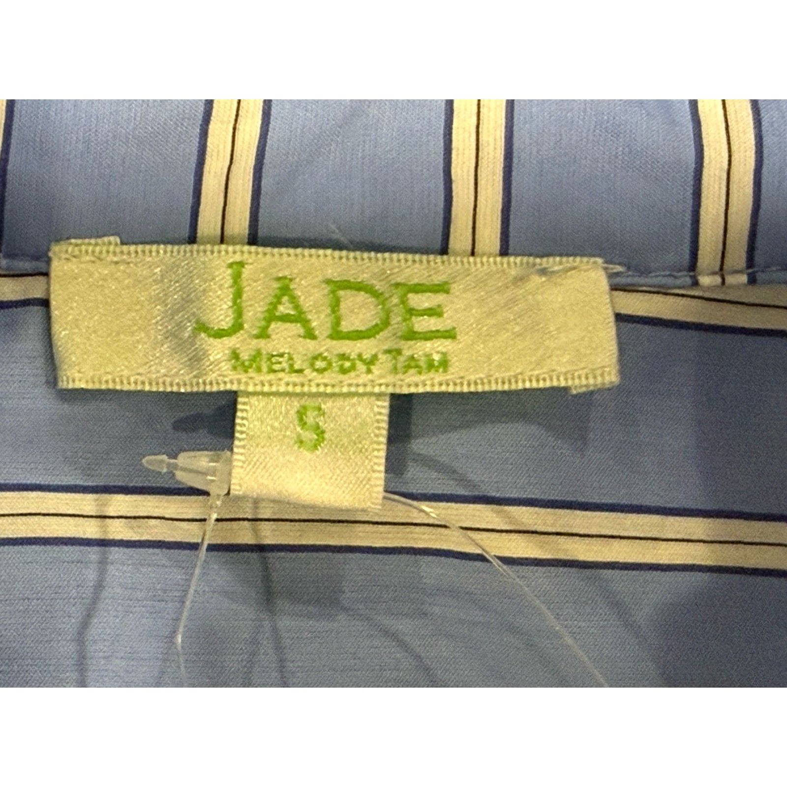 Vintage NWT Jade Melody Tam Blue Stripe Back Wrap Dress S Women Midi Sleeveless Blue Stripe Bow Embroidered Ruffle Belted Lined Pockets Dress Size S / US 4 / IT 40 - 6 Thumbnail