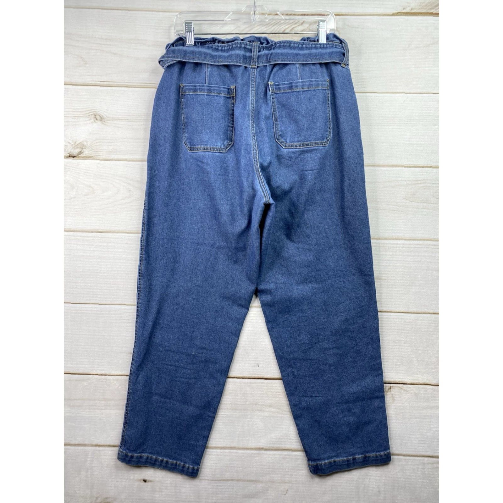 Vintage Time And Tru Jeans Womens 12 High Rise Button Fly Distressed Belted Paperbag Denim Blue Cotton Blend Spandex Skinny 5-Pocket Womens Size 34" / US 12 / IT 48 - 6 Thumbnail