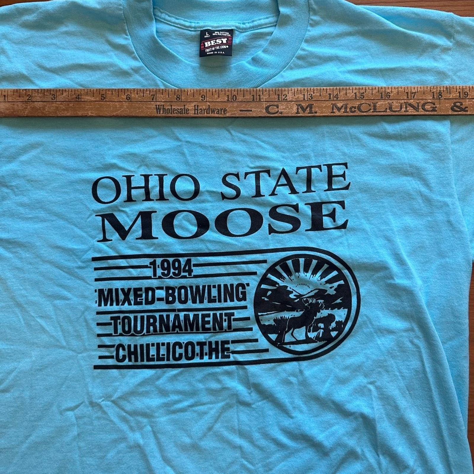 Fruit Of The Loom Vintage L single stitch Moose Lodge Bowling Ohio T Shirt Size US L / EU 52-54 / 3 - 6 Thumbnail