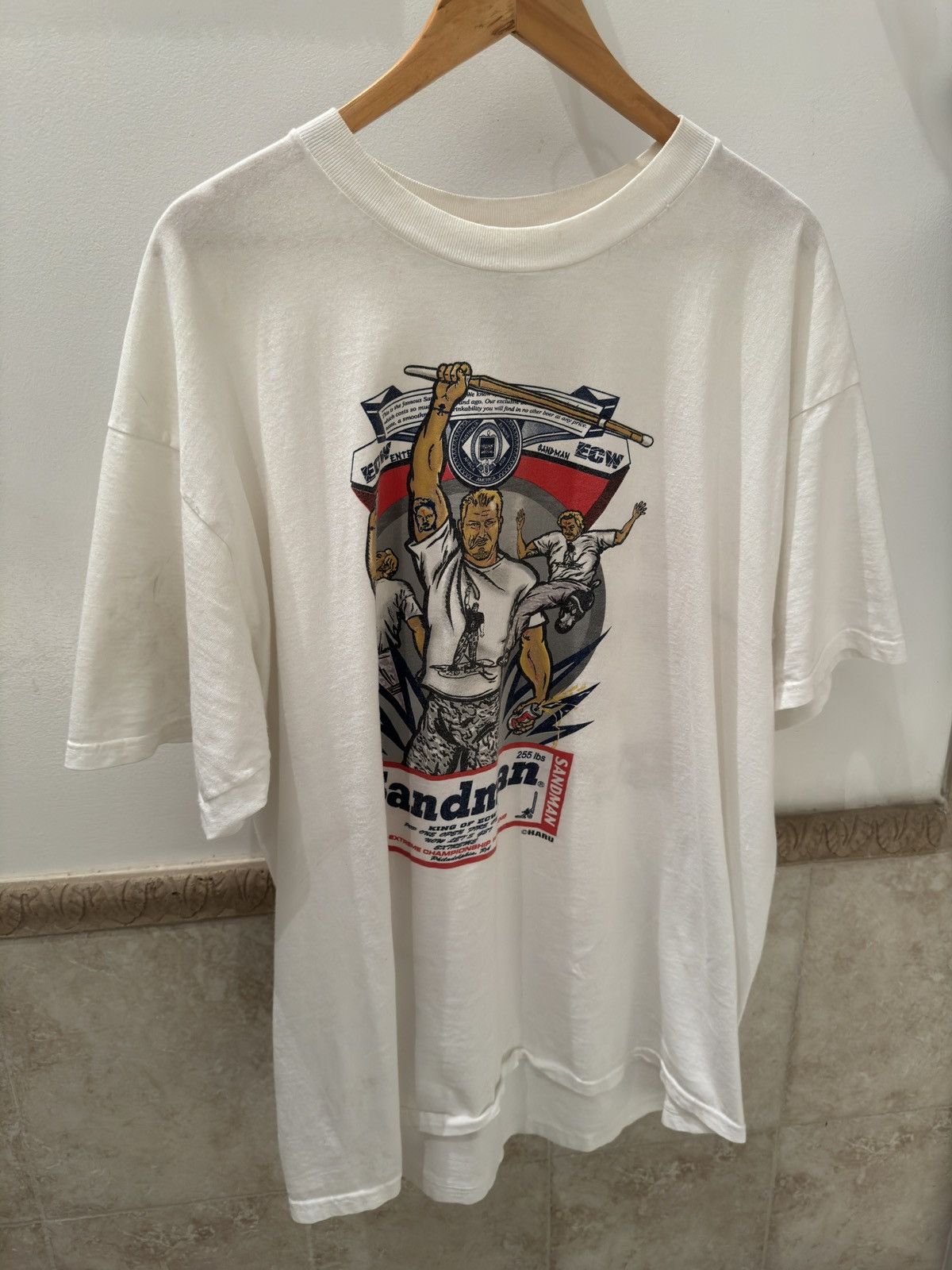 image of Vintage Ecw Sandman Blood Sweat & Beers Shirt in White, Men's (Size 2XL)