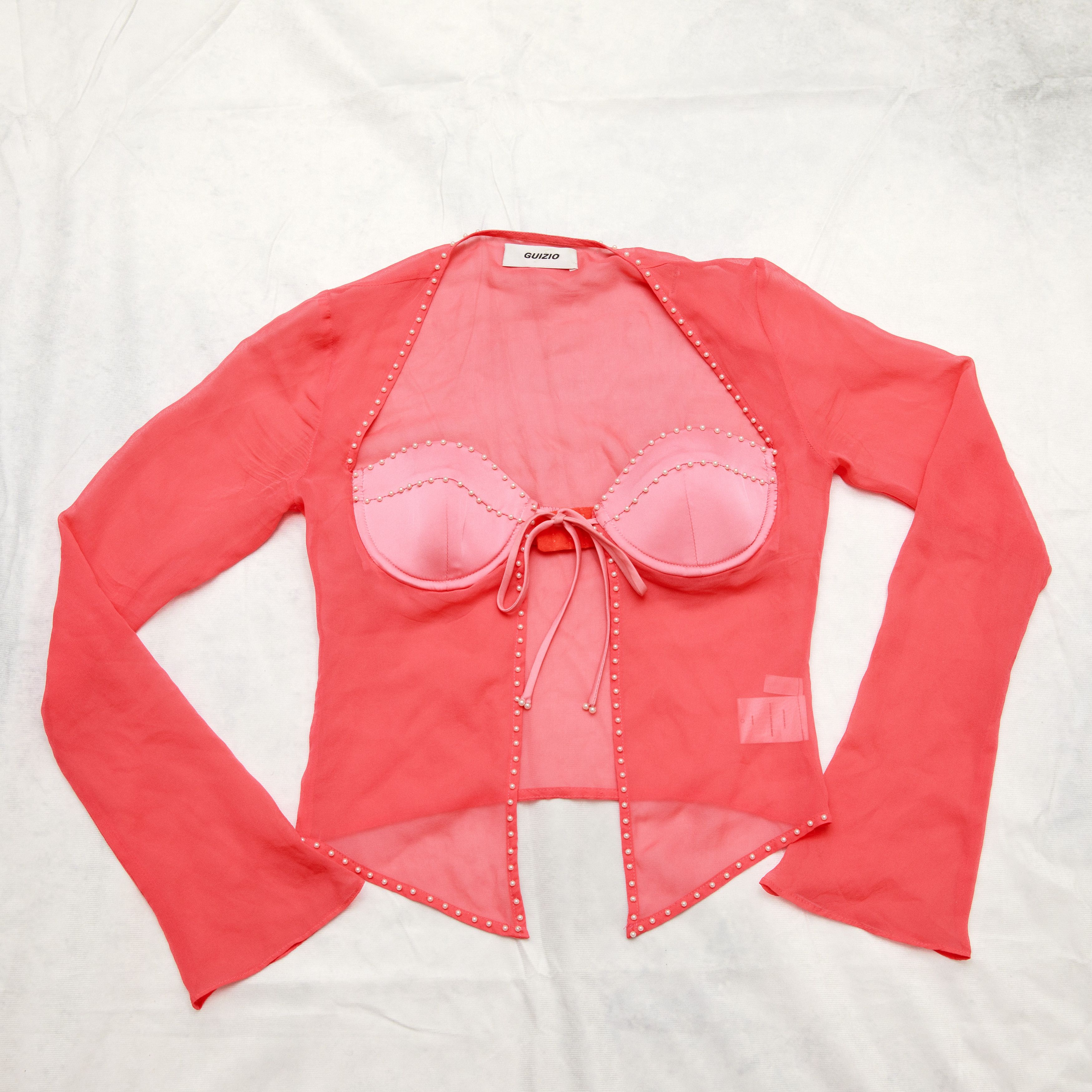 Guizio Danielle Guizio Long Sleeve Pearl Trim Top In Punch Silk Size XS / US 0-2 / IT 36-38 - 1 Thumbnail