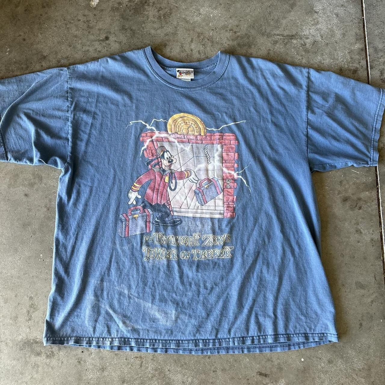 image of 90's Walt Disney World Goofy Tower Of Terror T Shirt in Blue, Men's (Size 2XL)