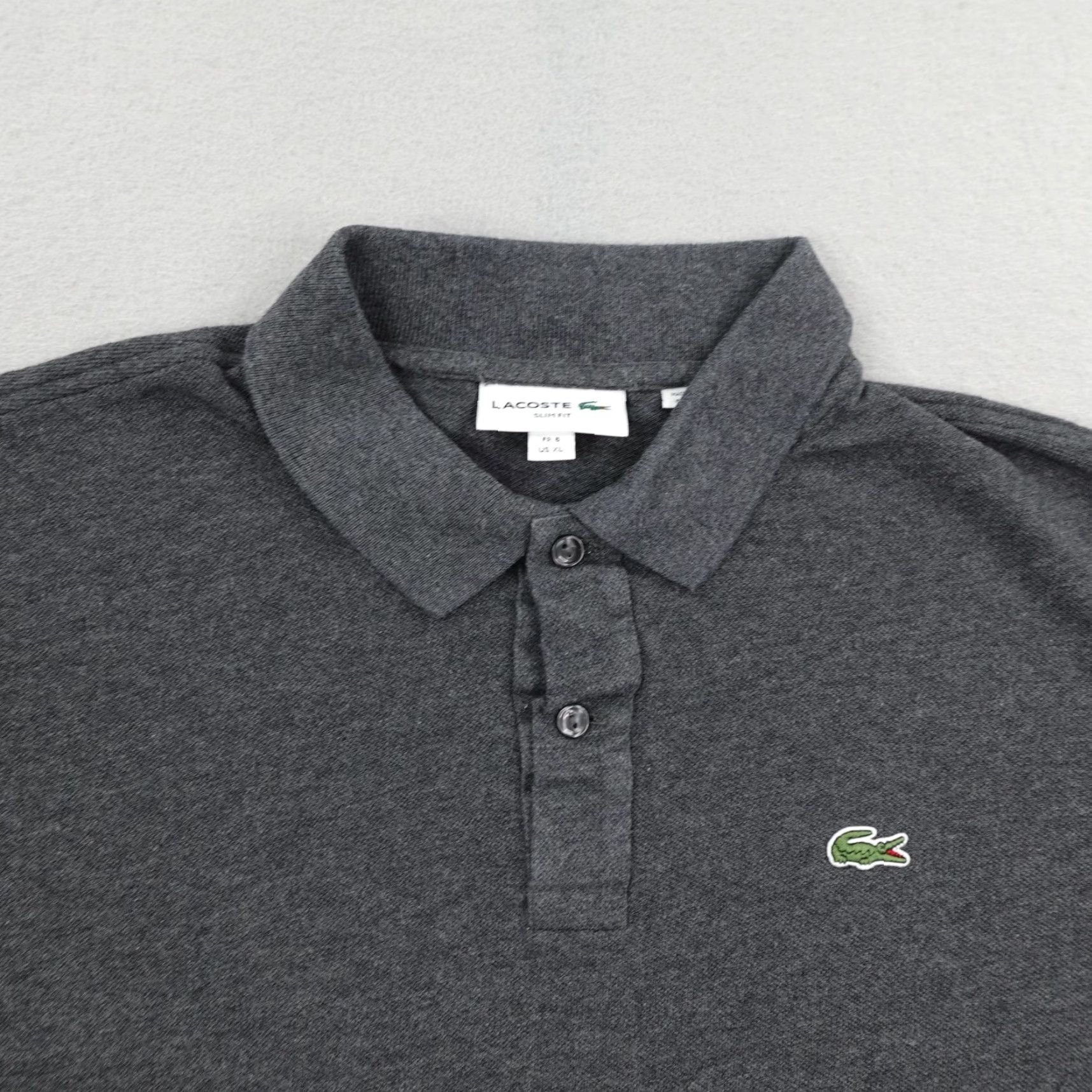 LACOSTE Polo Shirt Mens XL Gray Slim Fit Short Sleeve Croc Logo Pique Cotton - Solid, 100% Cotton, Slim Fit, Casual Wear, Regular Size, Men Polos