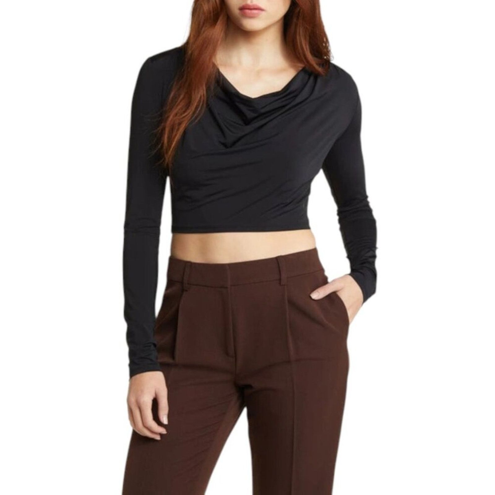 Other Open Edit Cowl Neck Crop Top Black Medium NWOT $49 MSRP Size M / US 6-8 / IT 42-44 - 1 Thumbnail