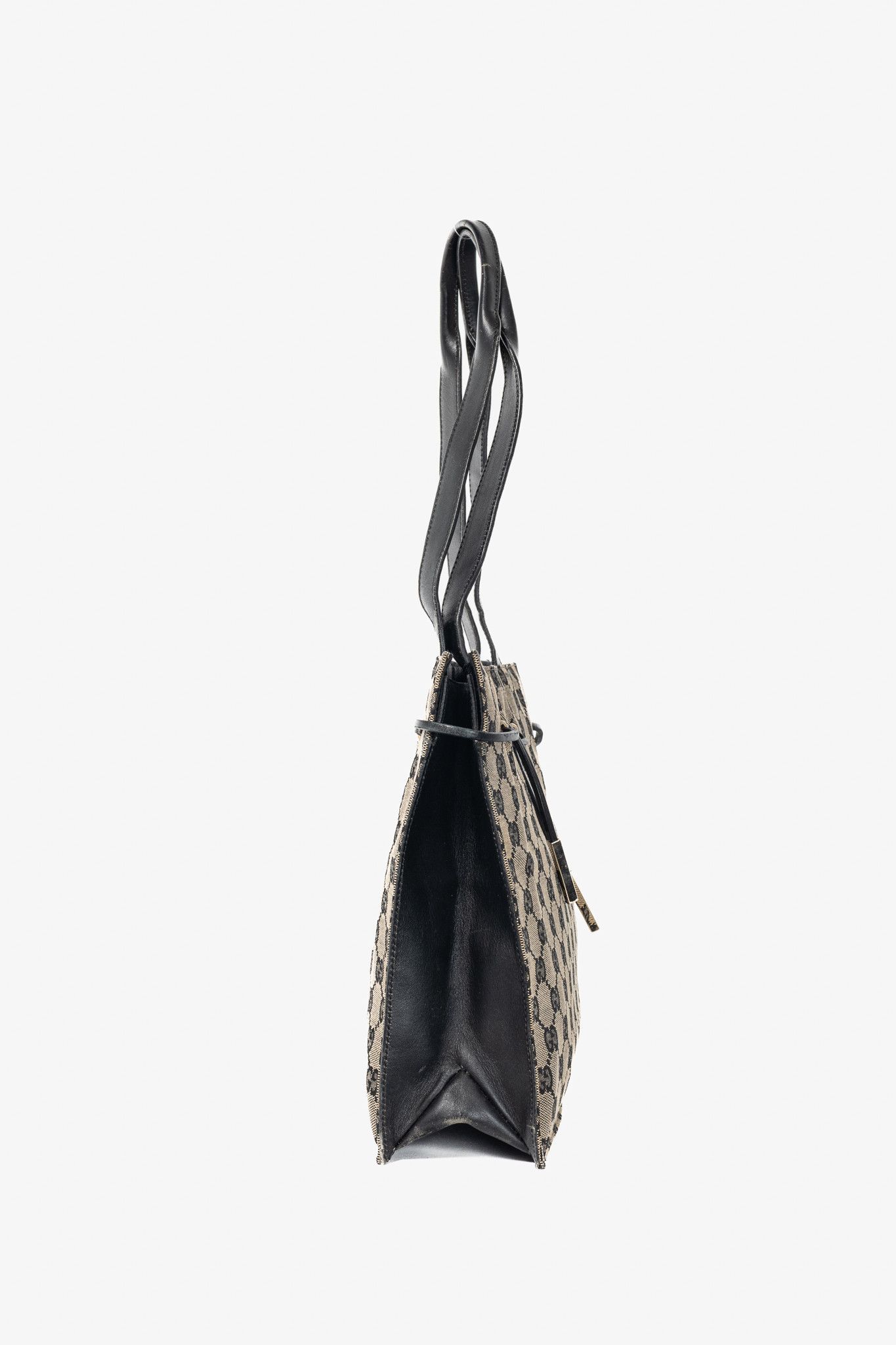 Gucci Gucci Khaki GG Canvas Black-Leather Drawstring Tote Size ONE SIZE - 3 Thumbnail