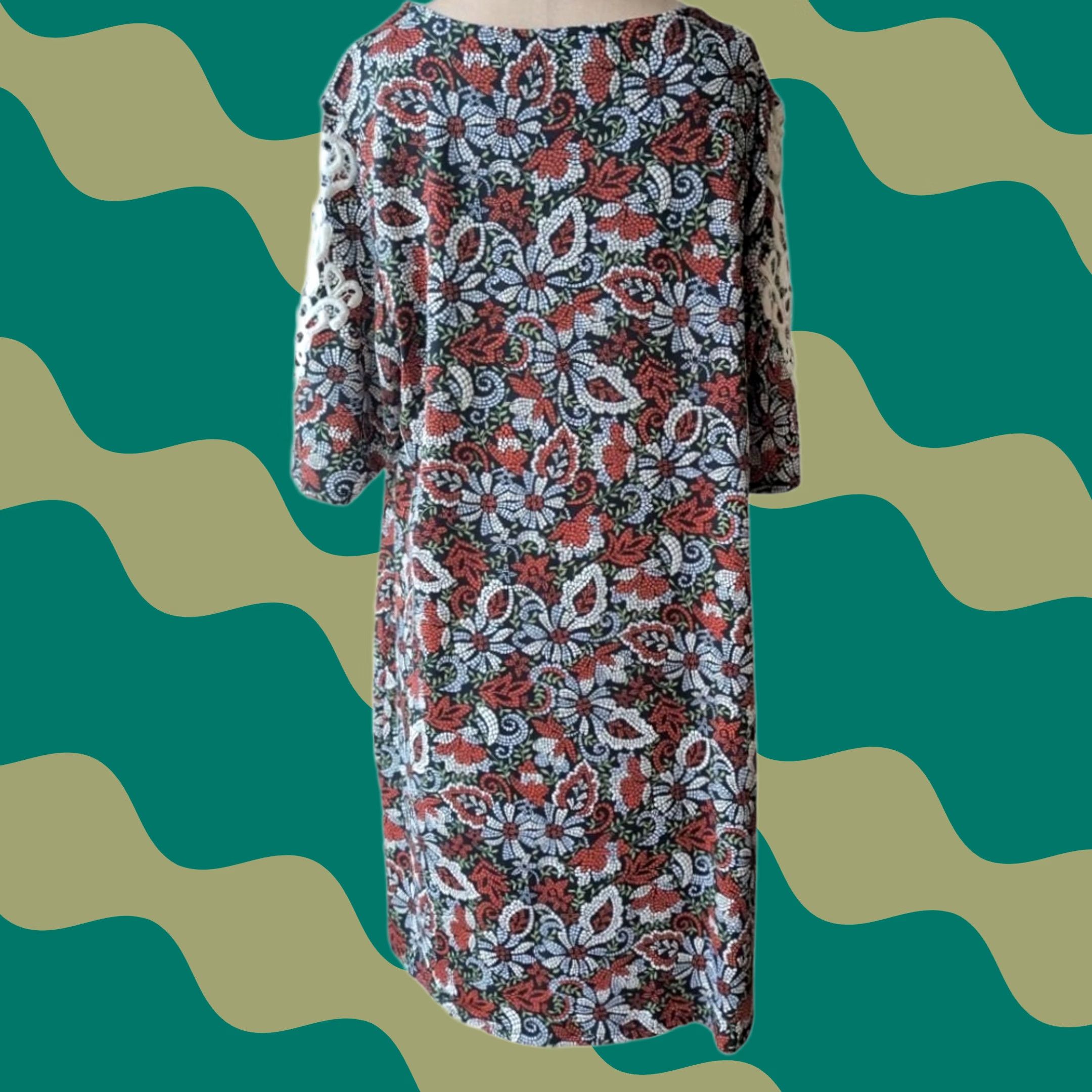 Bell Floral Mosaic Shift Dress Crochet Lace Short Sleeve Womens Plus Sz 1X Boho Size 40" / US 18 - 1 Thumbnail