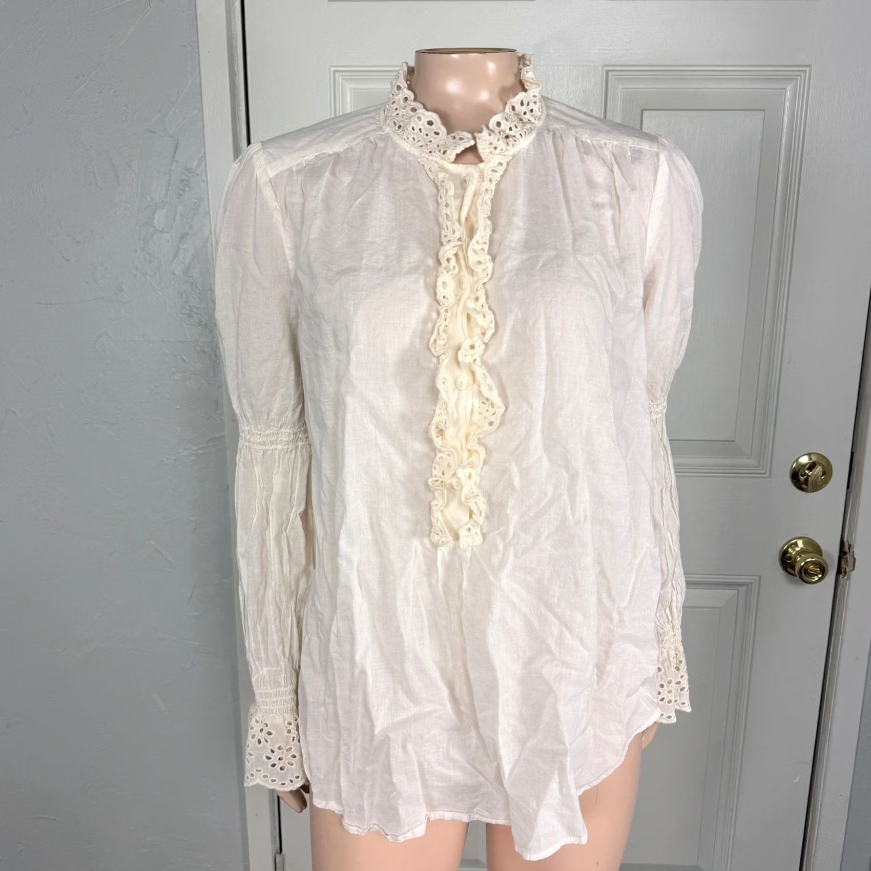 ME+EM ME+EM Womens Shirt S 12 Cotton Button Ruffle Collar Long Sleeve Smocked Cream Bohemian 12 Mens Womens Size XL / US 12-14 / IT 48-50 - 2 Thumbnail
