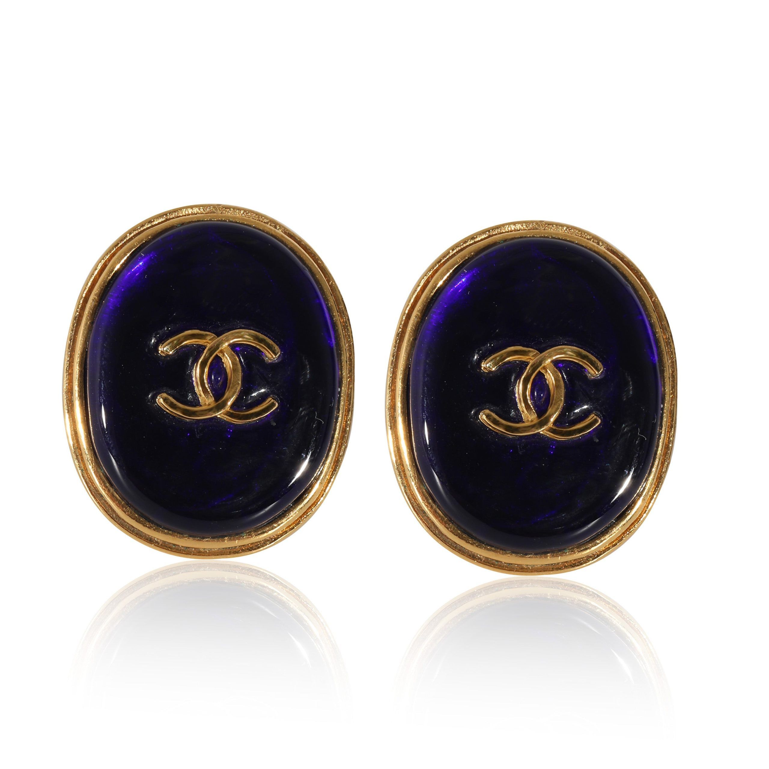 Chanel Vintage Chanel 1993 Gold Tone CC Navy Blue Resin Clip On Earrings Size ONE SIZE - 1 Thumbnail