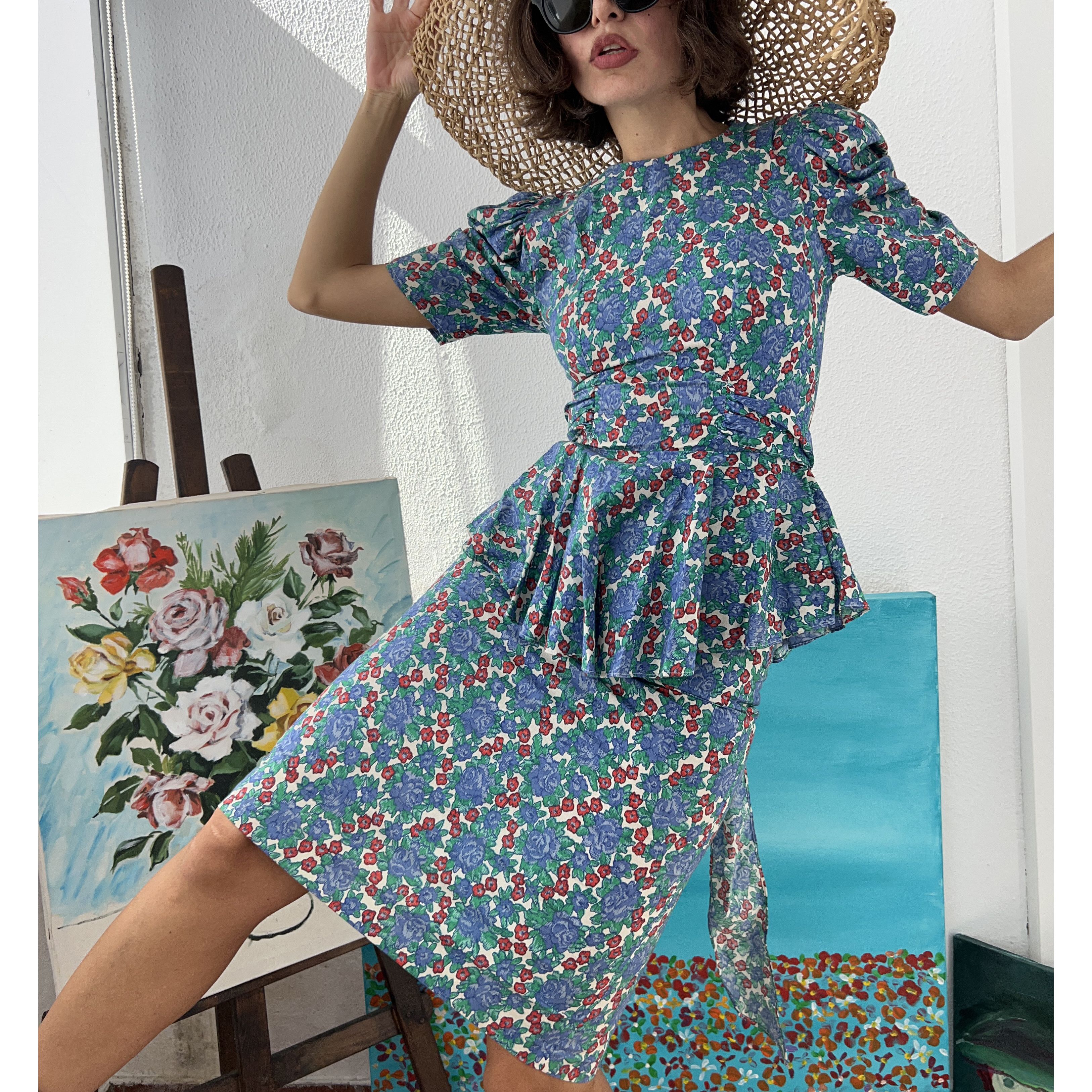 Vintage 80s Vintage Floral Cotton Midi Dress Size M / US 6-8 / IT 42-44 - 4 Thumbnail