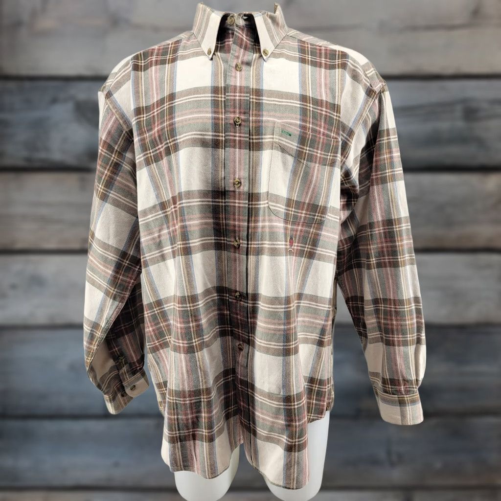 Tommy Hilfiger VTG Tommy Hilfiger Button-Up Long Sleeve Mens XL Tan Plaid Crest 90s Vintage Cotton Blend Thick Shirt Size US XL / EU 56 / 4 - 1 Thumbnail
