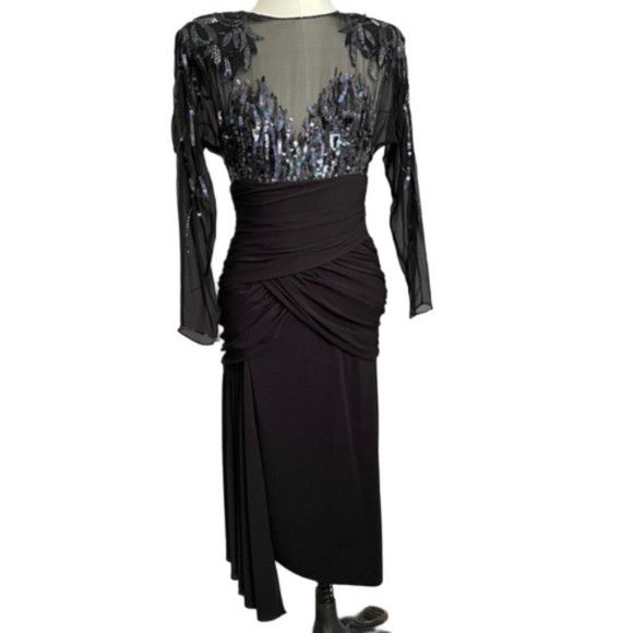 Casadei Vintage 80s Casadei Sequin Sheer Formal Midi Dress 🇺🇸 Size XS / US 0-2 / IT 36-38 - 3 Thumbnail