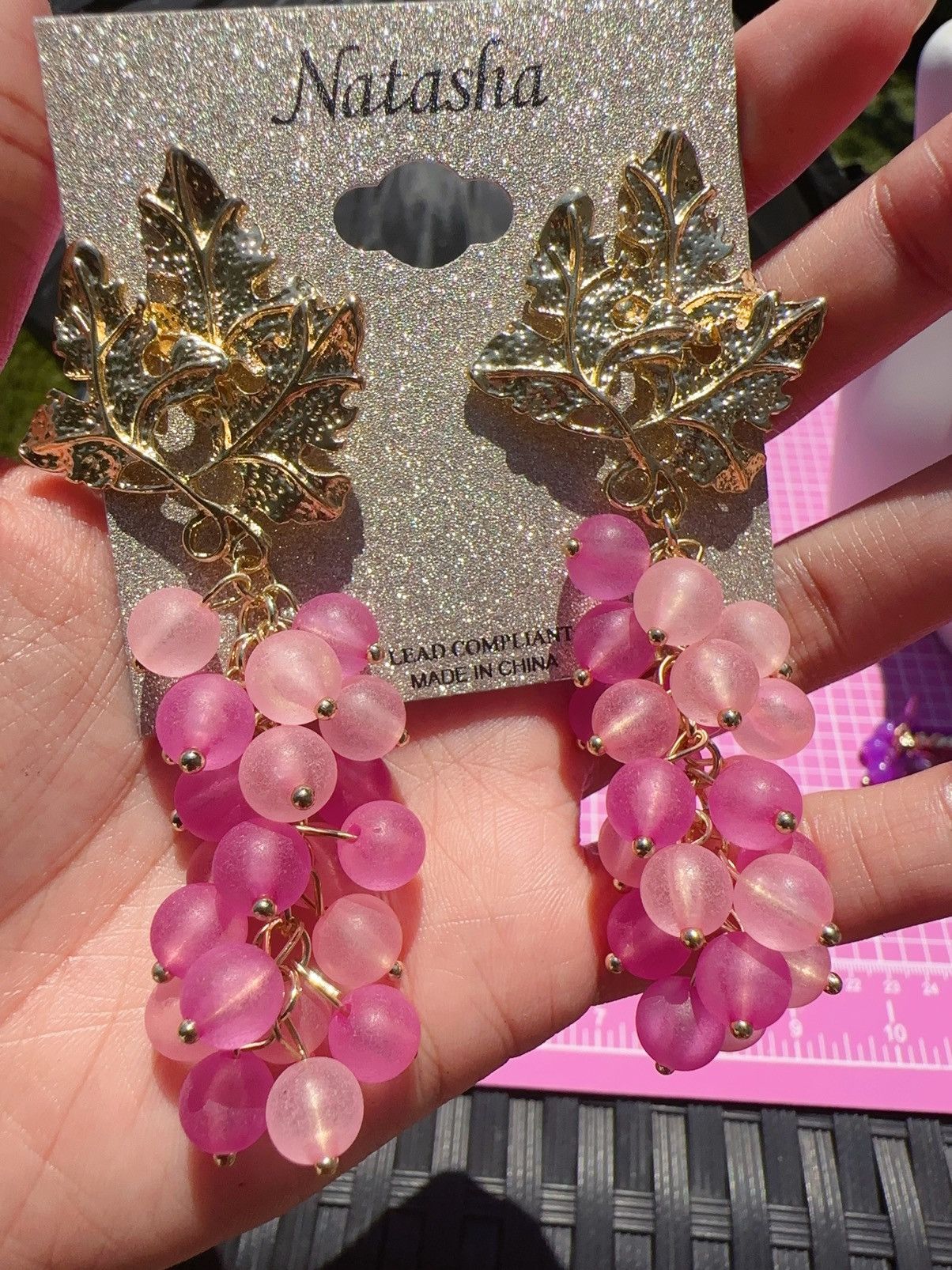 Designer Natasha Gold tone leaf Pink Drop tassel earrings Size ONE SIZE - 3 Thumbnail