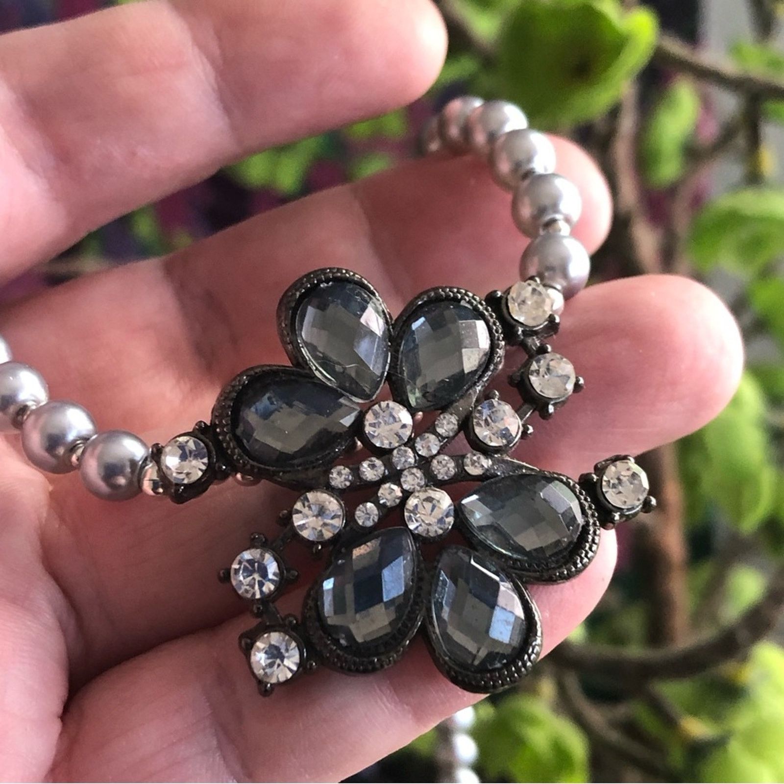 Handmade Handcrafted repurpose smoky stone floral Pearl necklace Size ONE SIZE - 2 Thumbnail