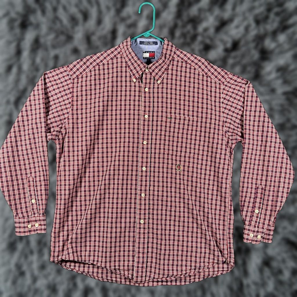 Tommy Hilfiger VINTAGE Tommy Hilfiger Shirt Mens XL Red Navy Plaid Button-Down Long Sleeve Crest Logo Size US XL / EU 56 / 4 - 1 Thumbnail