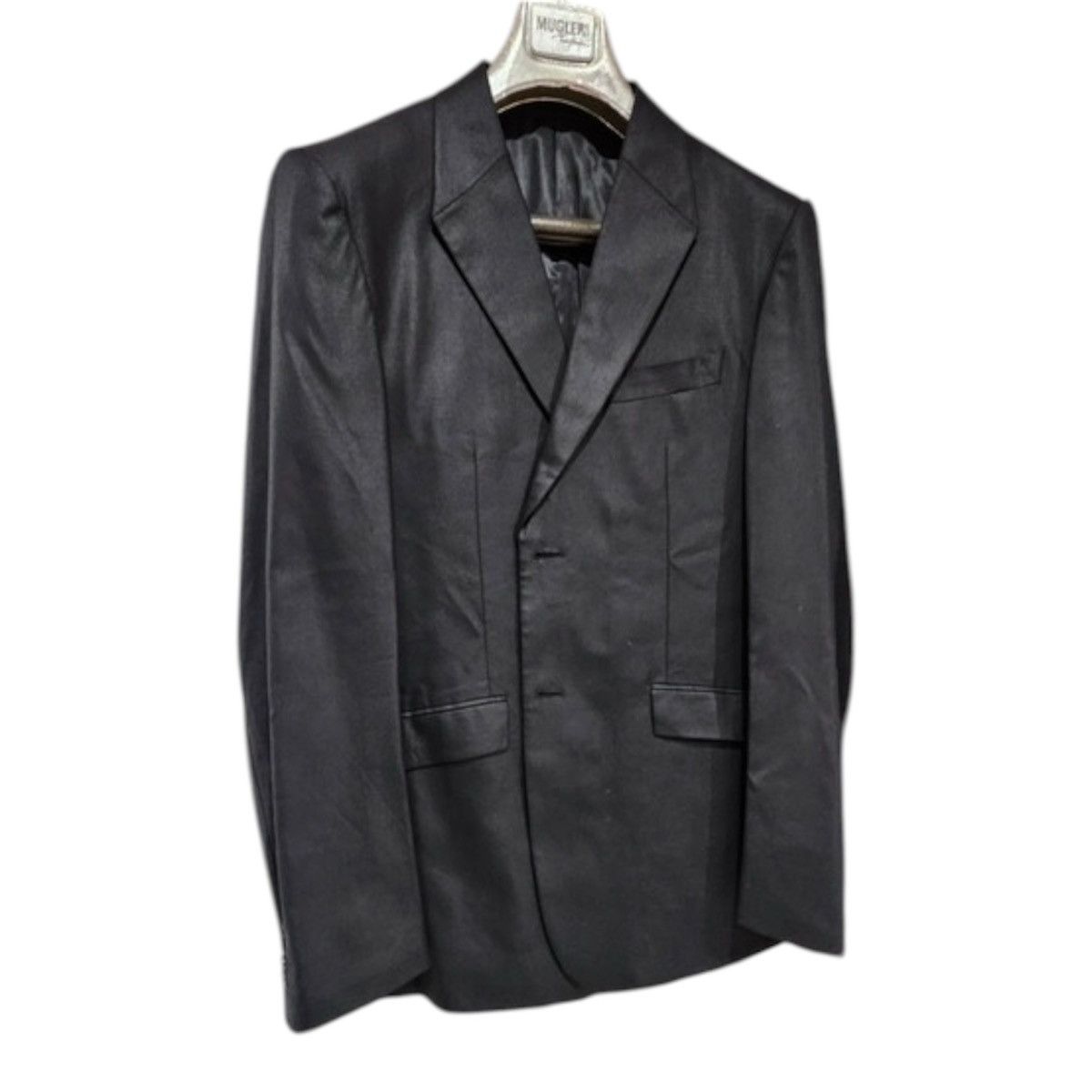 Designer × Mugler × Thierry Mugler Thierry Mugler Black Shiny Virgin Wool Suit Notched Lapel Size 44L - 1 Thumbnail