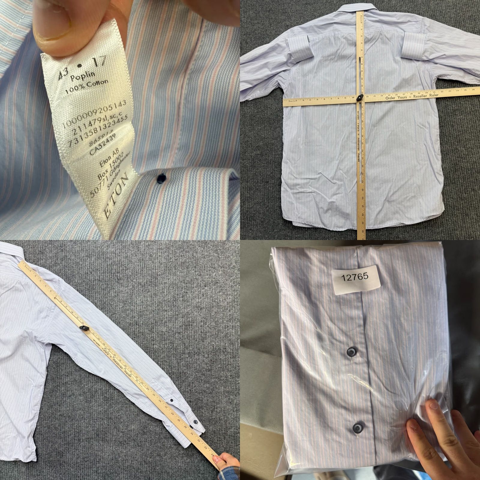 Eton ETON Shirt Mens 17 Slim Blue Striped Poplin Cotton Dress Spread Collar Long Sleeve Button Up Regular Fit Size 46R - 8 Thumbnail