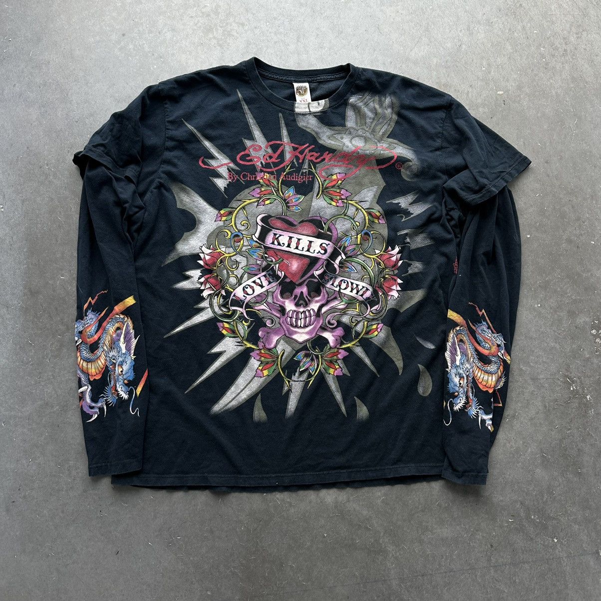 image of Crazy Vintage Y2K Ed Hardy T Shirt Longsleeve Skater Baggy in Black, Men's (Size 2XL)