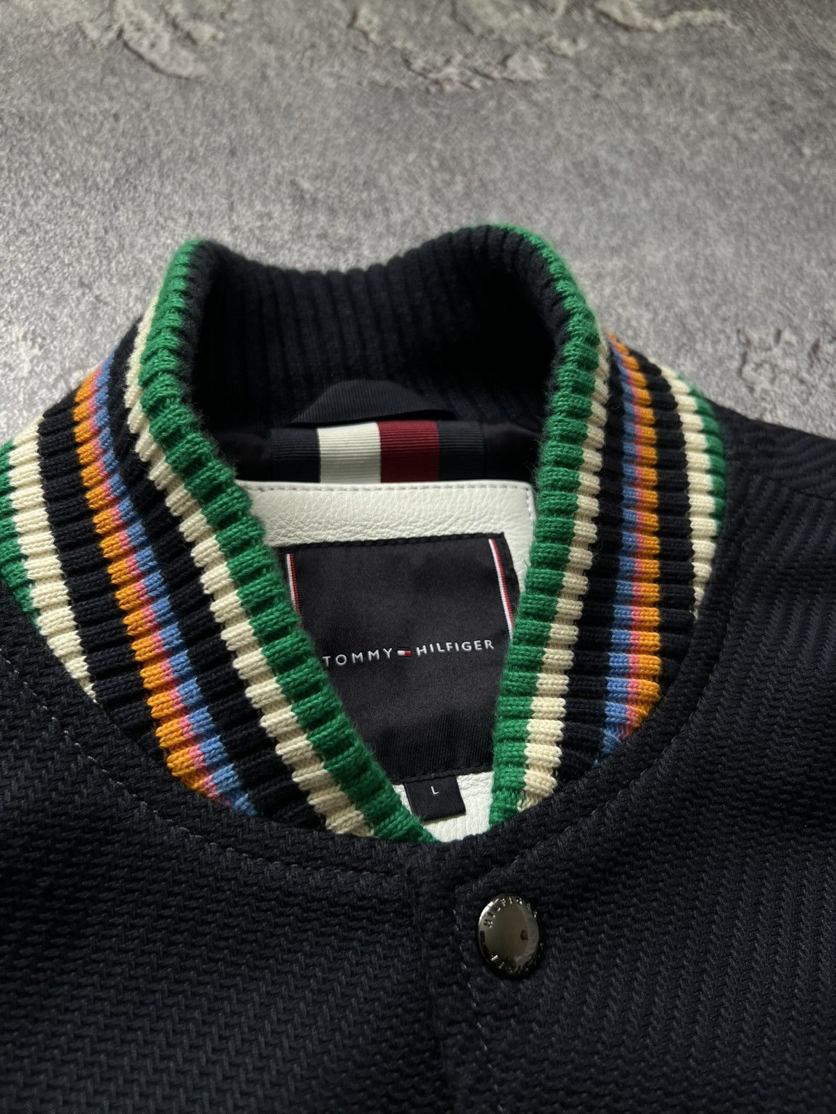 Tommy Hilfiger × Tommy Jeans × Vintage Vintage Tommy (Hilfiger) Varsity Jacket Leather Sleeves Size US L / EU 52-54 / 3 - 6 Thumbnail