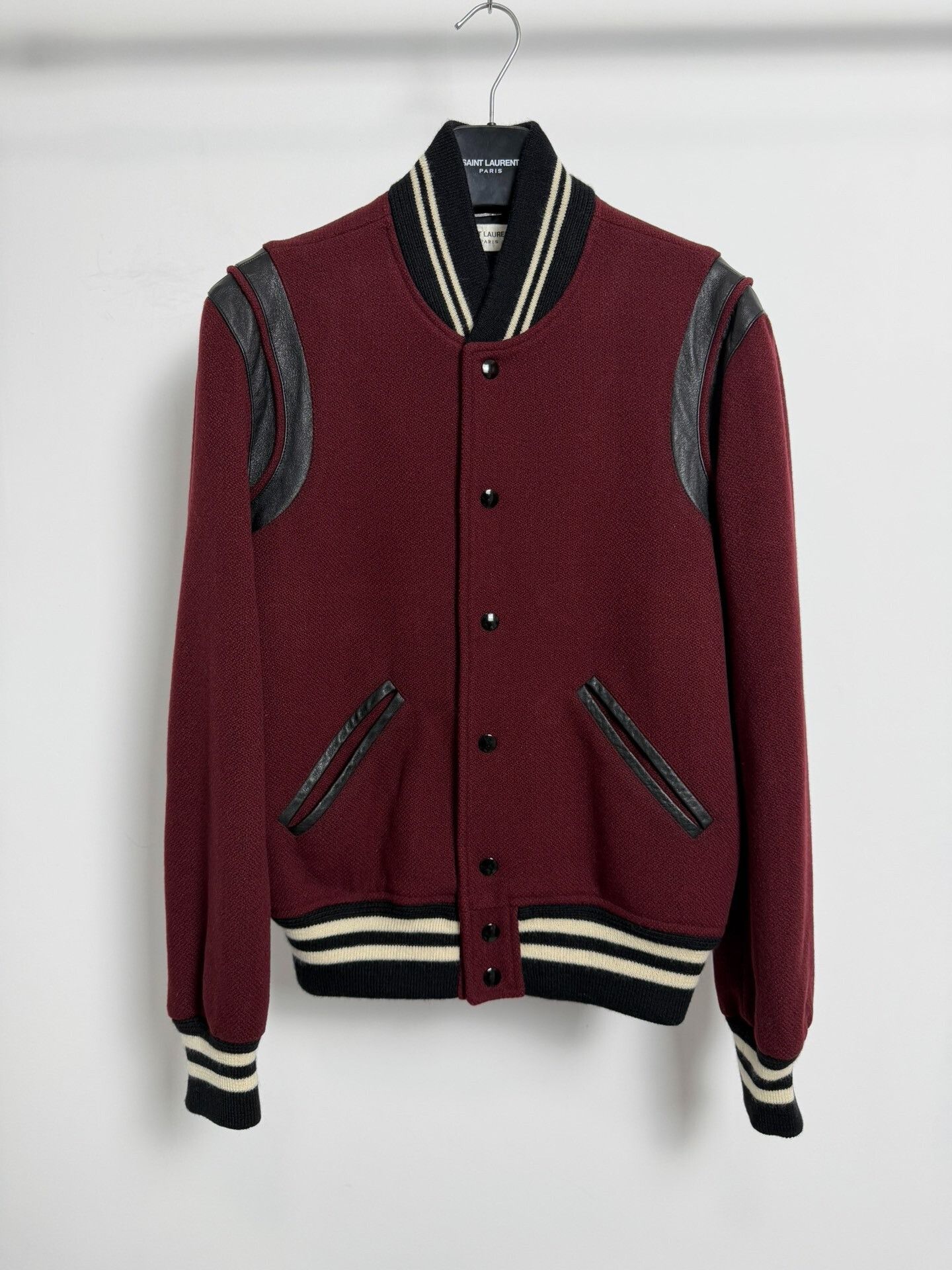 Saint Laurent Paris Saint Laurent Burgundy Leather Baseball Jacket Size US S / EU 44-46 / 1 - 1 Thumbnail