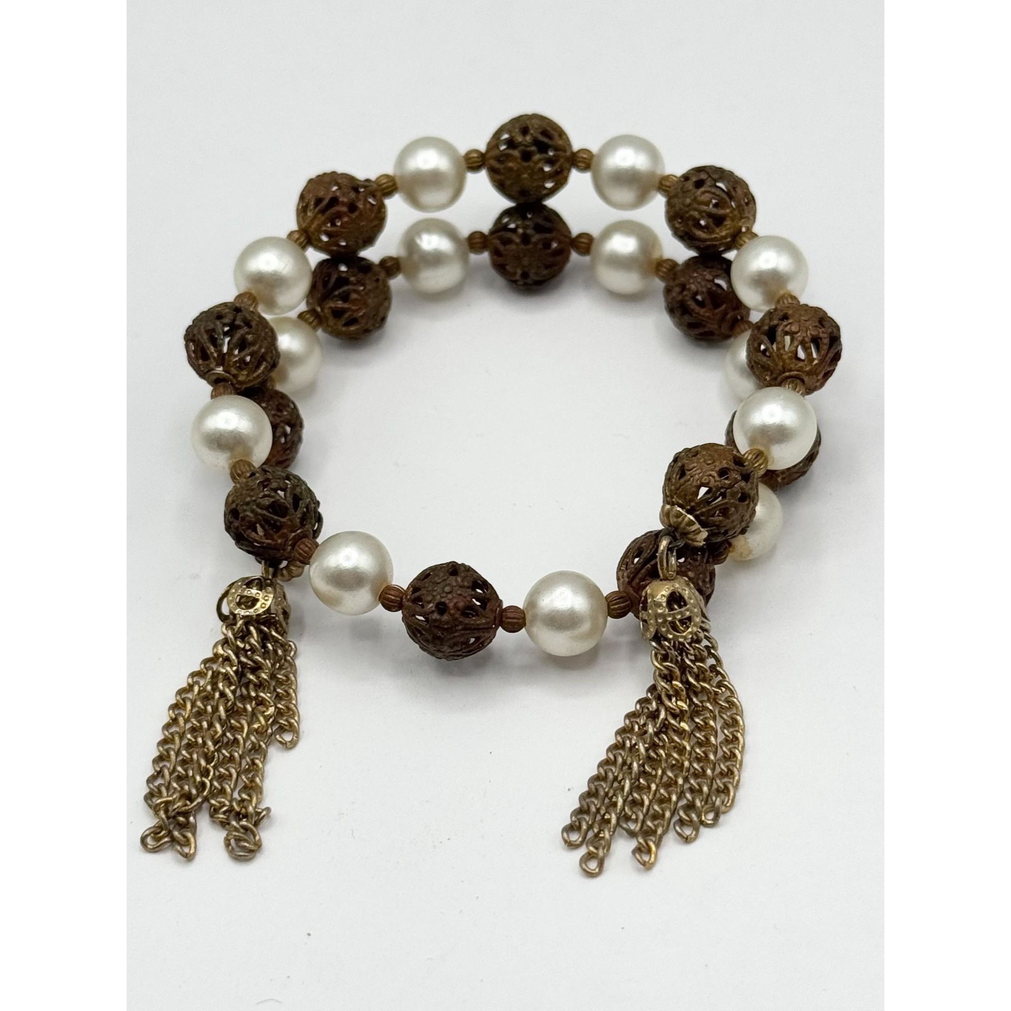 Vintage Vintage filigree ball faux pearl wire wrap chain tassel brac Size ONE SIZE - 1 Thumbnail