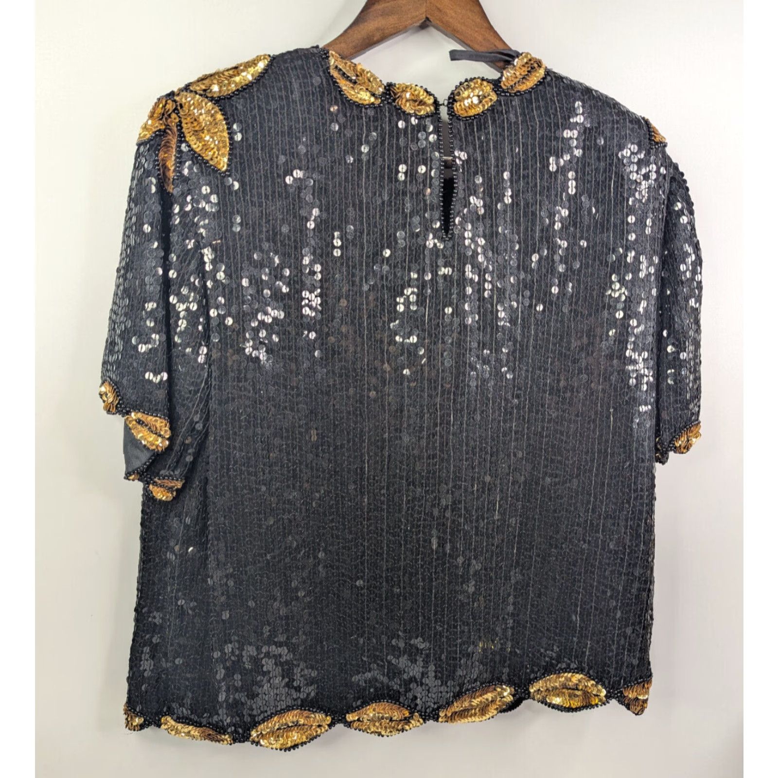 VINTAGE Stenay Blouse Silk Gold Floral Beaded Sequined Short Sleeve  Pullover Women Small Glam