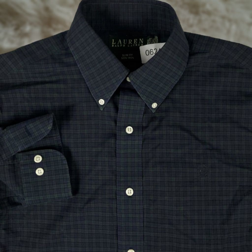 Ralph Lauren VINTAGE Ralph Lauren Dress Shirt Mens 15.5 Long Sleeve Cotton Plaid Green Purple Business Casual Formal Size 40R - 1 Thumbnail