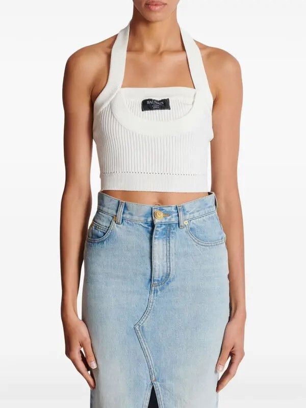 Balmain o1s1wg111225 Ribbed Halterneck Top in White Size M / US 6-8 / IT 42-44 - 2 Thumbnail