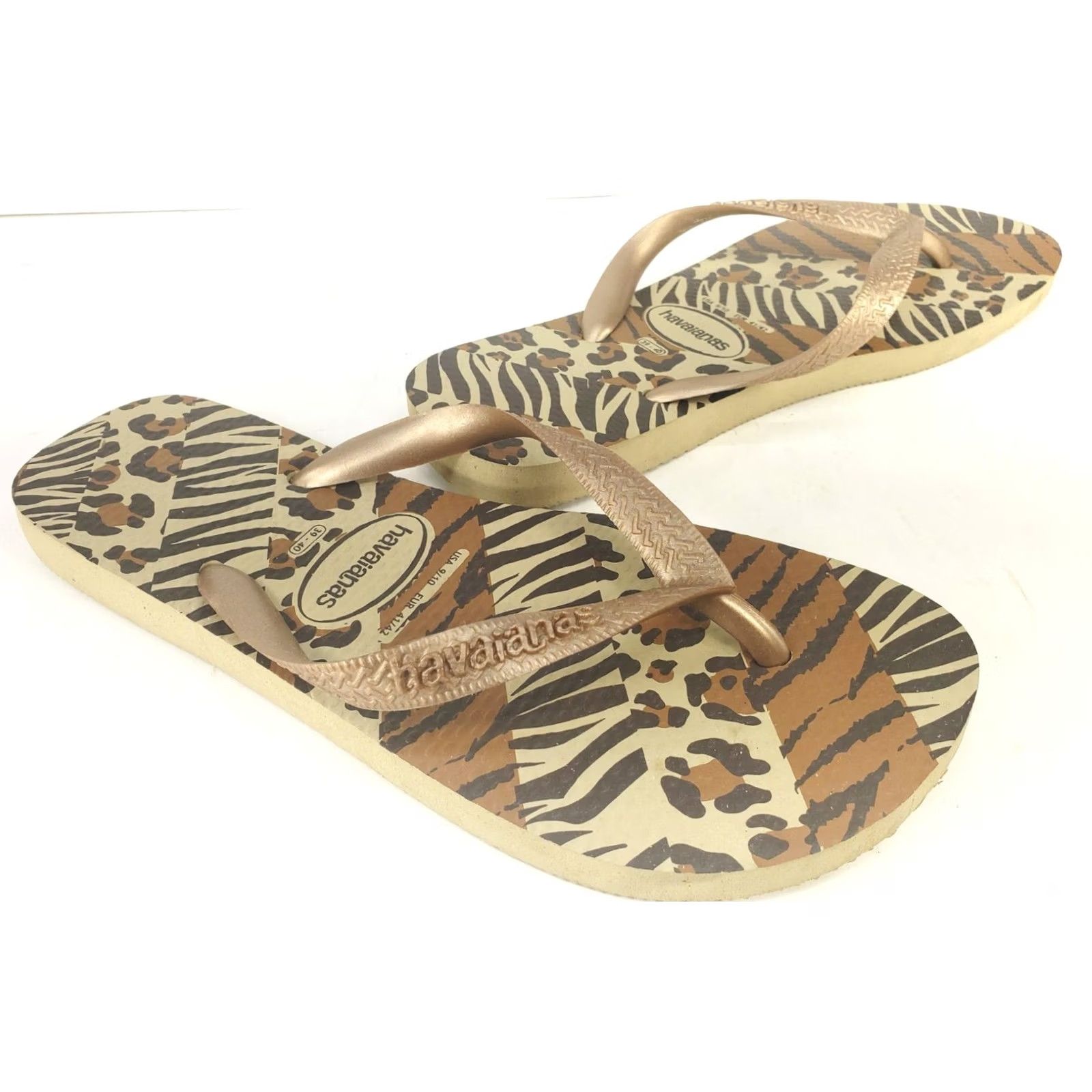 Vintage Havaianas Flip Flops Women's Size 9-10 Brown Gold Tiger Striped Slip On Sandal Pattern Straps Footbed Rubber Size US 9 / IT 39 - 2 Thumbnail