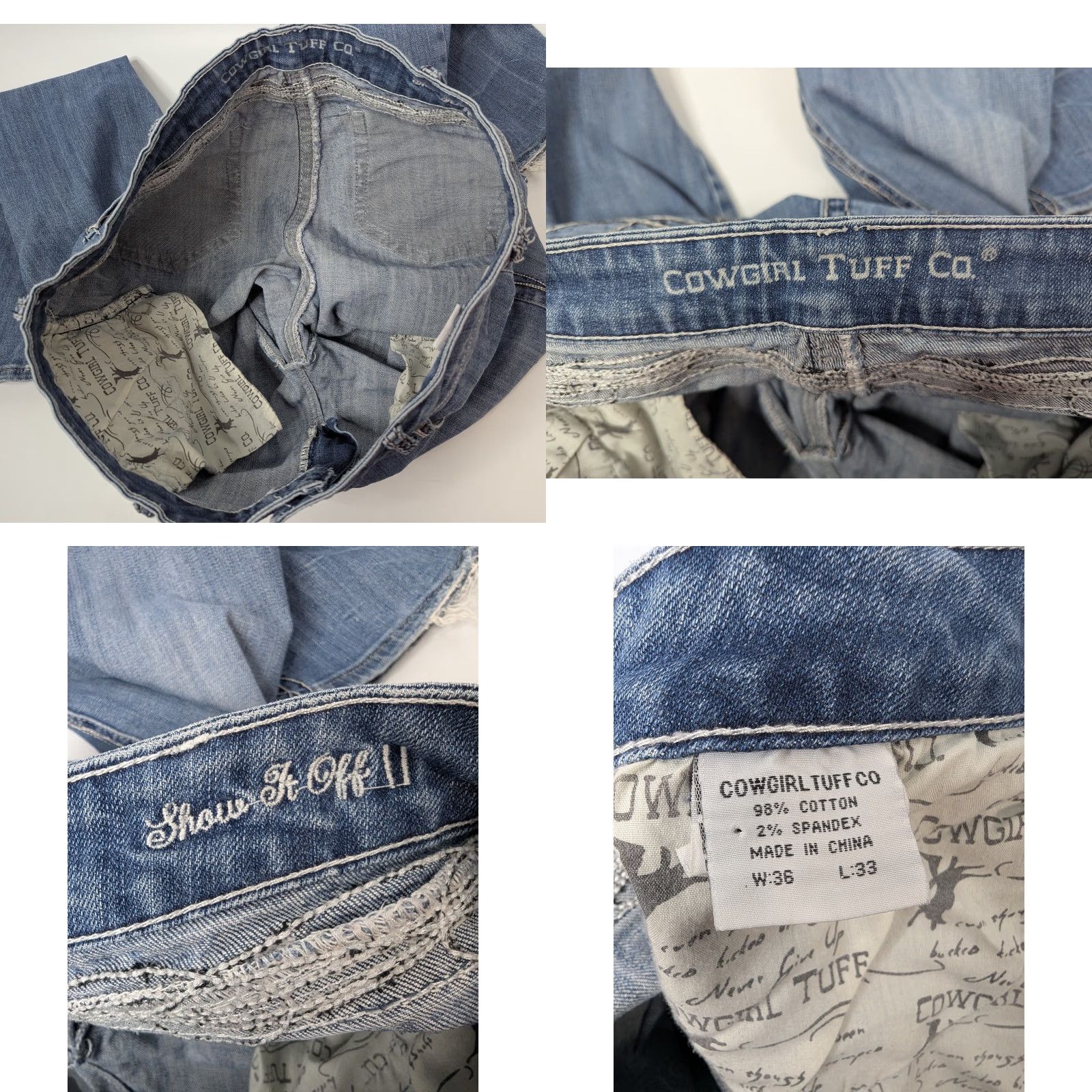 Vintage Cowgirl Tuff Jeans 36X33 Bootcut 5-Pocket Denim Blue Embroidered Rhinestone Pockets Regular Womens Cowgirl Tuff EU Size 25" / US 0 / IT 36 - 9 Thumbnail