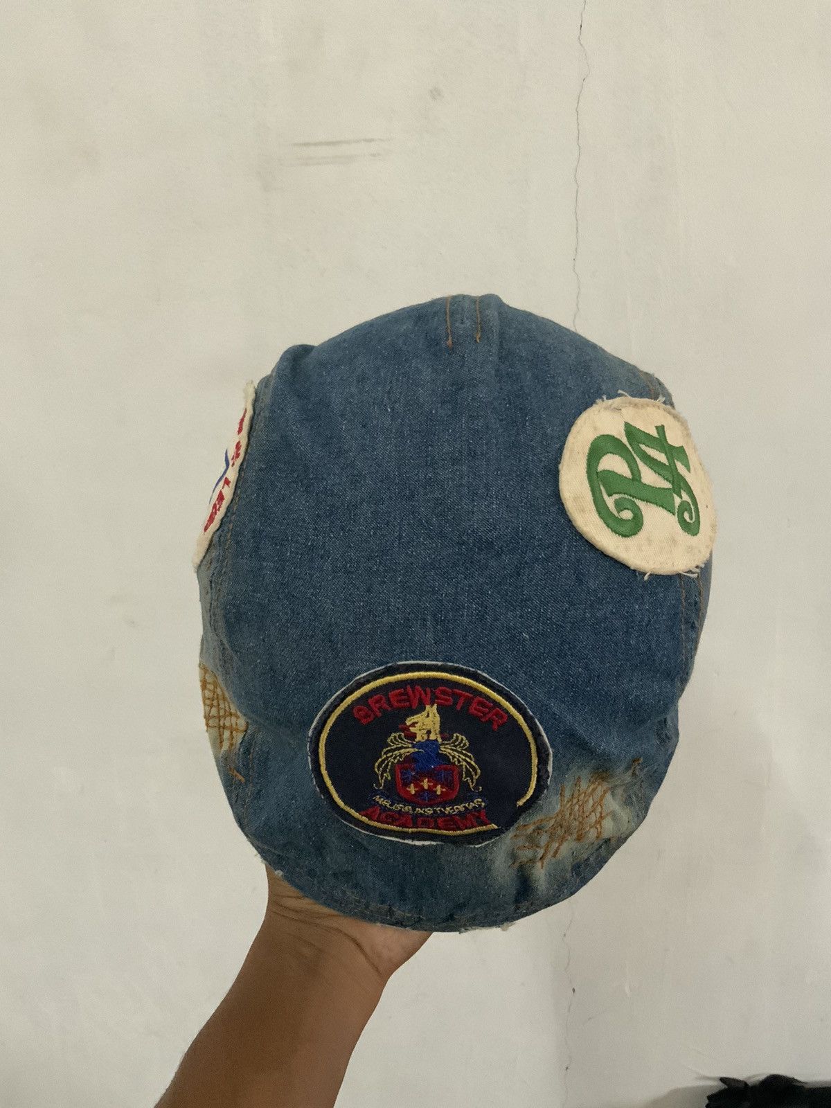 Japanese Brand Brewster Academy Distressed Sashiko Boro Denim Flat Hat Size ONE SIZE - 7 Thumbnail