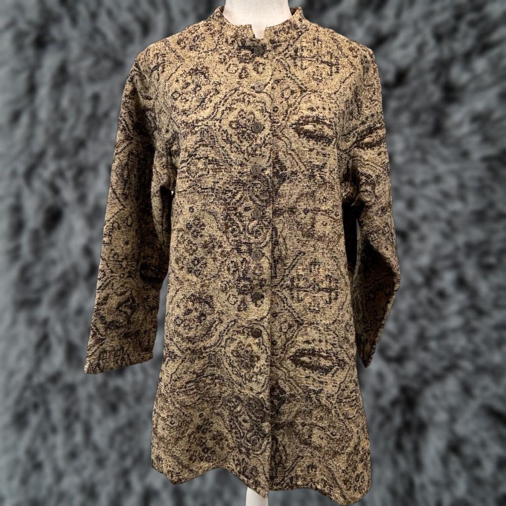 Vintage Chicos Jacket Brown and Black Tapestry Cotton Blend Band Collar Womens Large Size L Regular Size L / US 10 / IT 46 - 1 Thumbnail