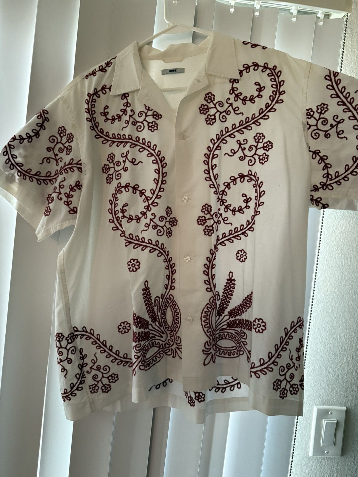 Bode Short Sleeve Button-Up Shirt with Red Lace