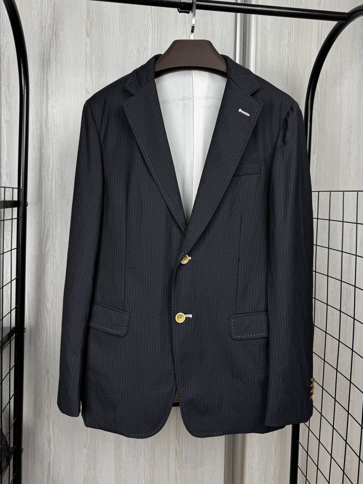 Pal Zileri Lab Pal Zileri Navy Blue Virgin Wool striped 2 button blazer Size 38R - 6 Thumbnail