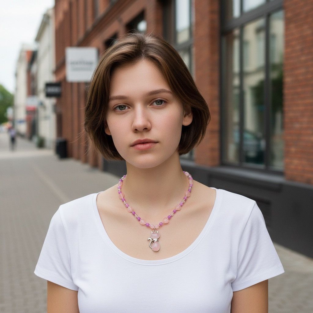 Other Rose Quartz Stone Cat Pendant Handmade Beaded Necklace Size ONE SIZE - 2 Thumbnail