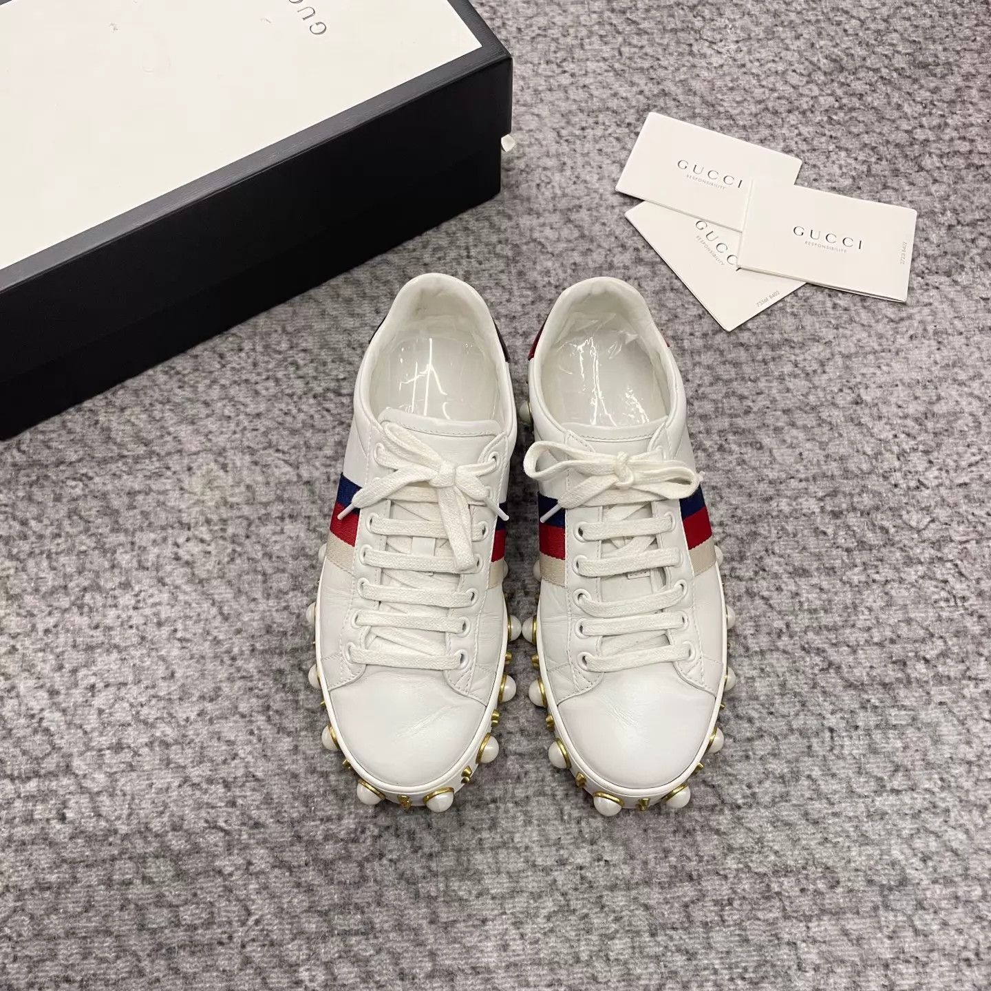 Gucci Gucci ACE Pearl-Embellished White Sneakers 35W Size US 4.5 / IT 34.5 - 1 Thumbnail