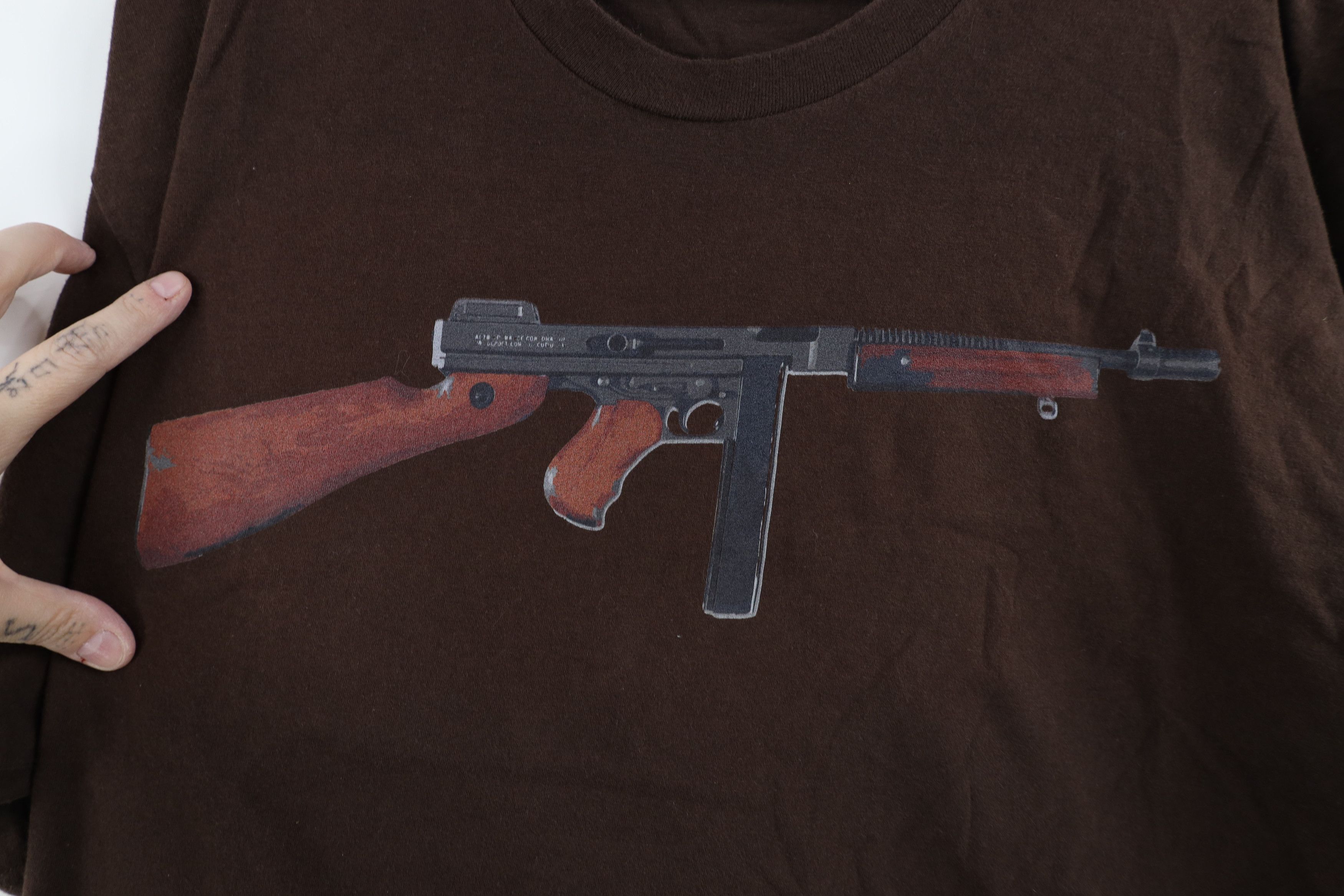 Vintage Vintage Streetwear Machine Gun Short Sleeve T-Shirt Brown Size US XL / EU 56 / 4 - 4 Thumbnail