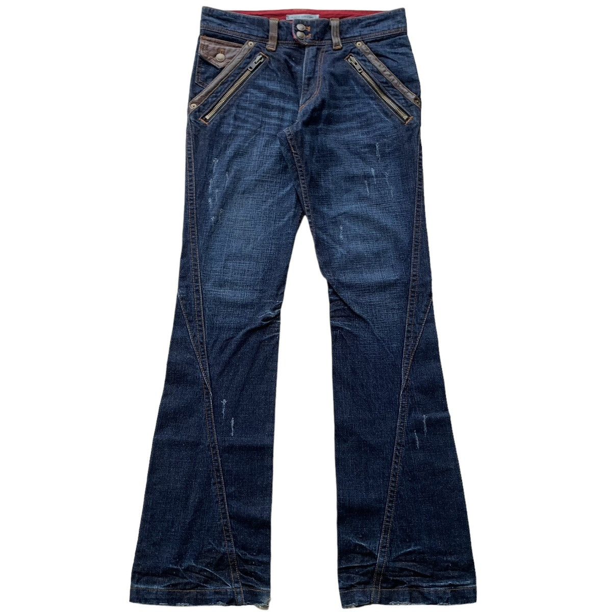 Japanese Brand 2000s Michel Klein Homme Flared Mix Leather Multi Zip Jeans Size US 32 / EU 48 - 1 Thumbnail
