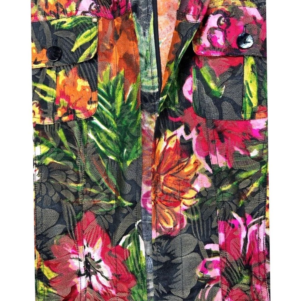Vintage Chico's Trucker Jacket Womens 2 Black Floral Silk Metallic Open Front Coat Ladies Size XS / US 0-2 / IT 36-38 - 6 Thumbnail